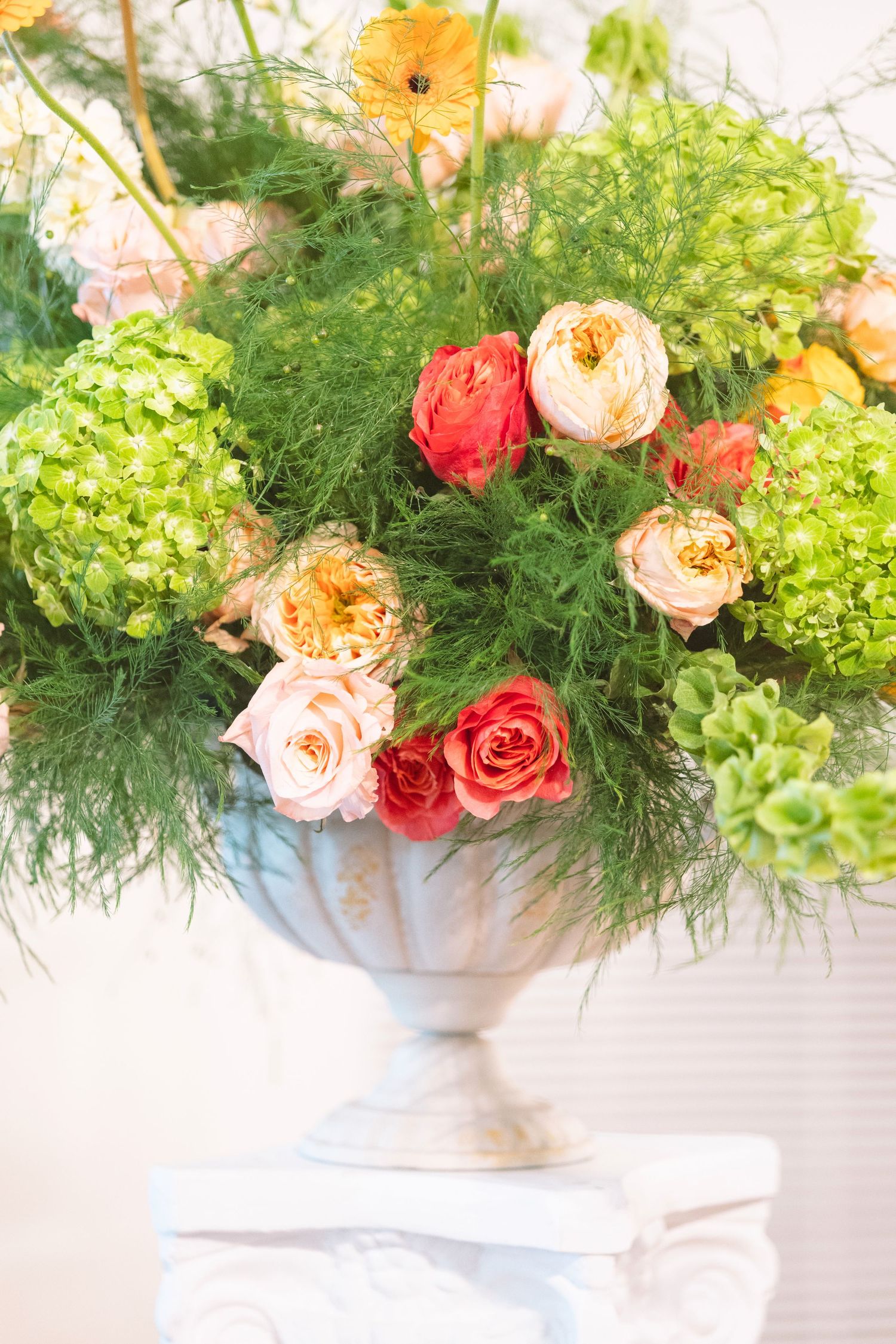 Lush floral arrangement with pink roses, red tulips, and green hydrangeas in a white urn vase.