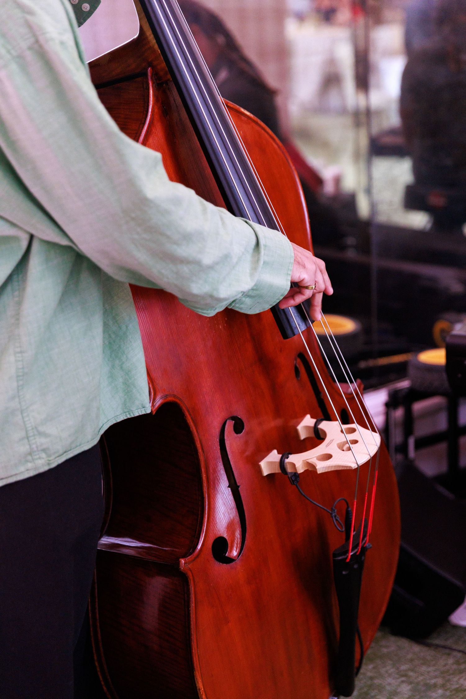 A musician plays a rich mahogany double bass, with fingers pressing strings during a live performance.