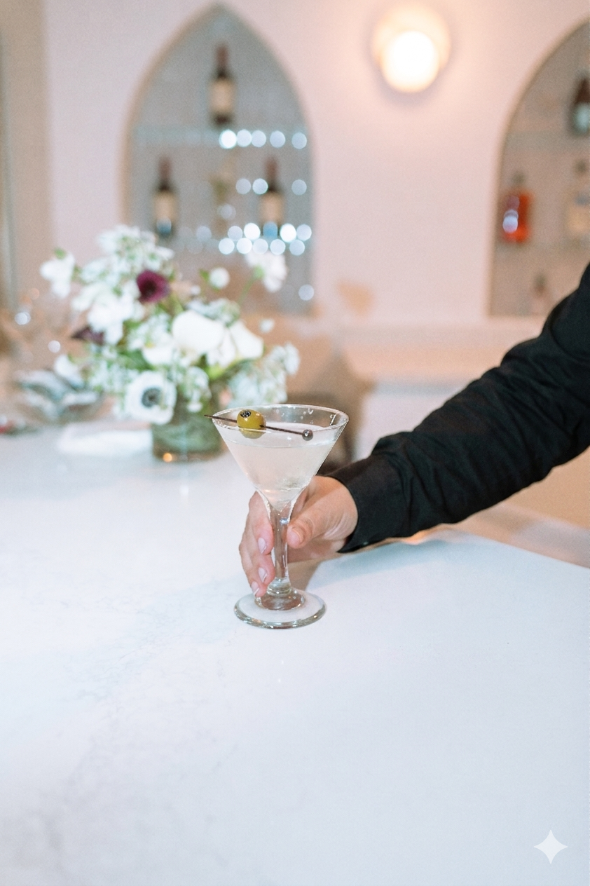 A hand holding a classic martini glass with olive garnish on a white marble bar in an elegant venue.