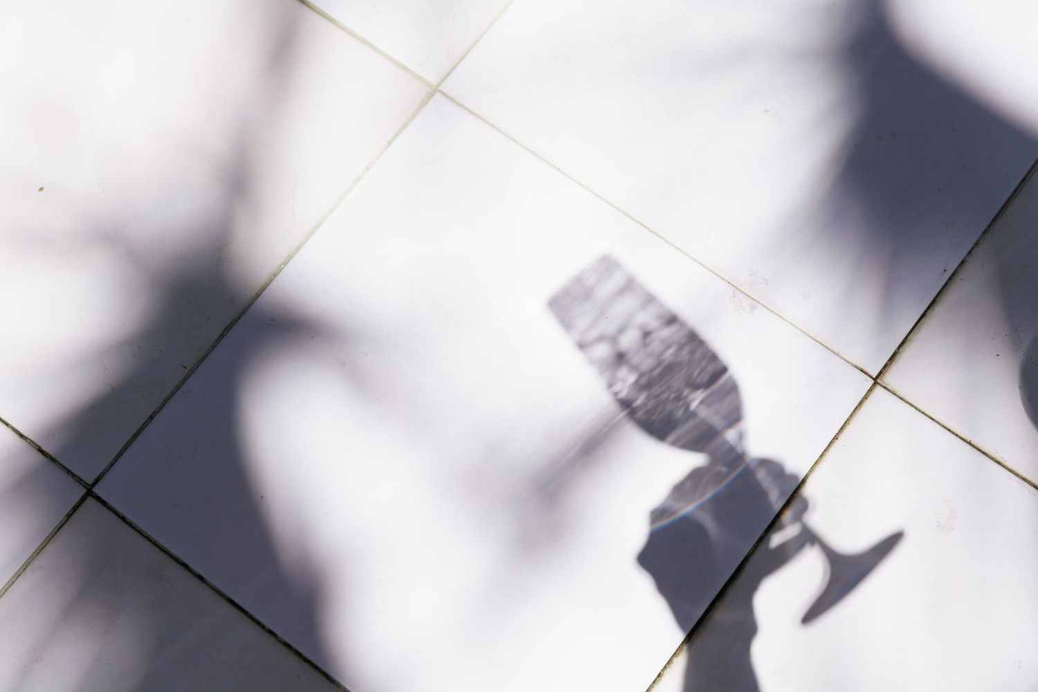 Shadow of a hand holding a wine glass cast on white ceramic floor tiles with leaf shadows.