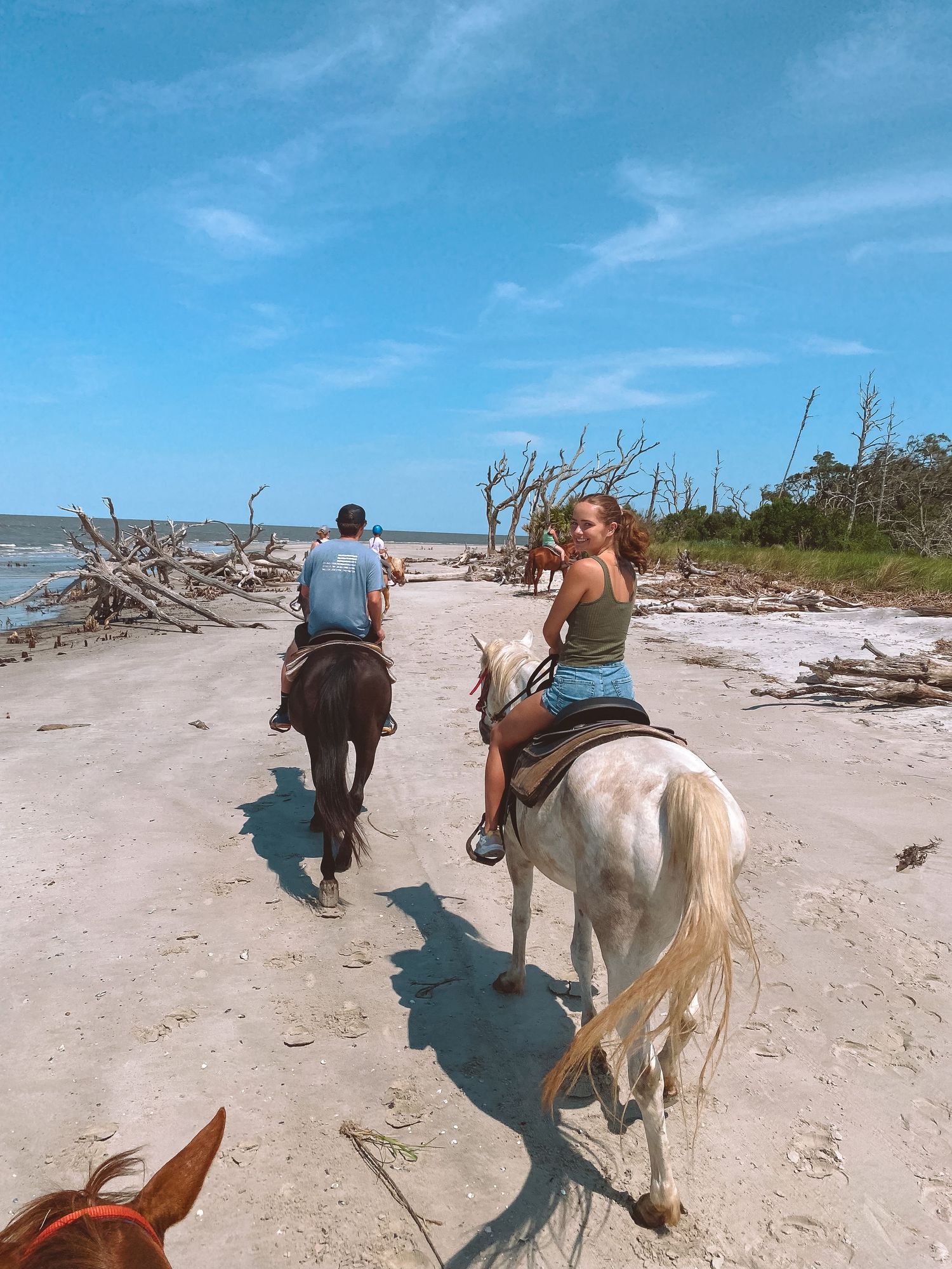 Two riders on horseback along a sandy beach with driftwood and blue skies.