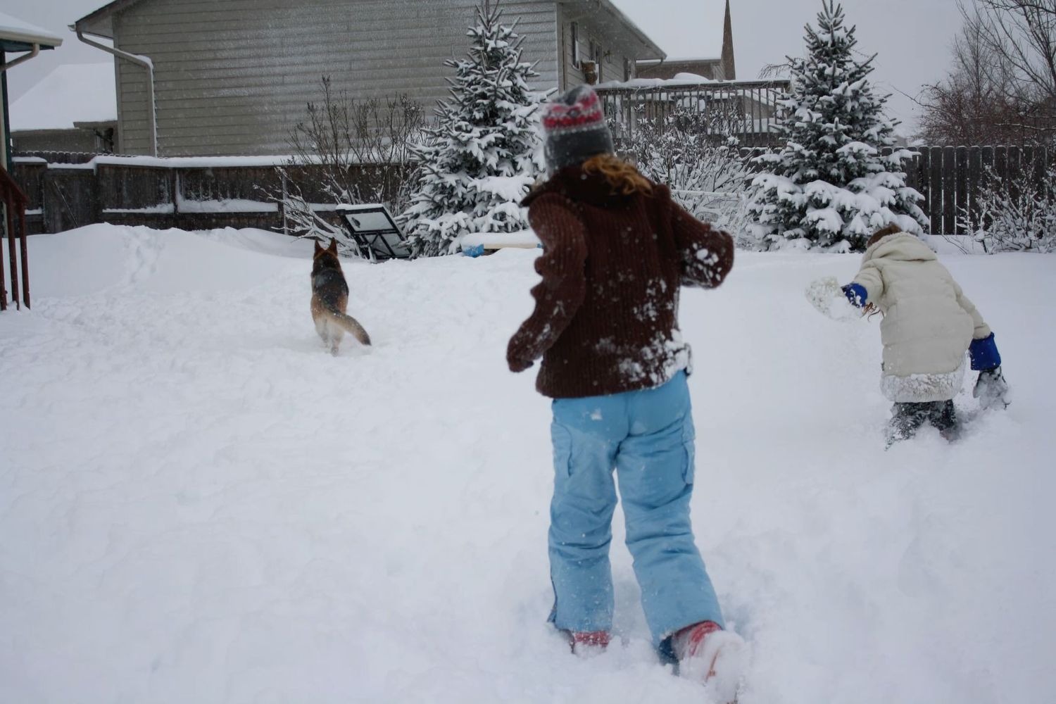 Two children and a dog play in deep snow during winter in a suburban backyard.