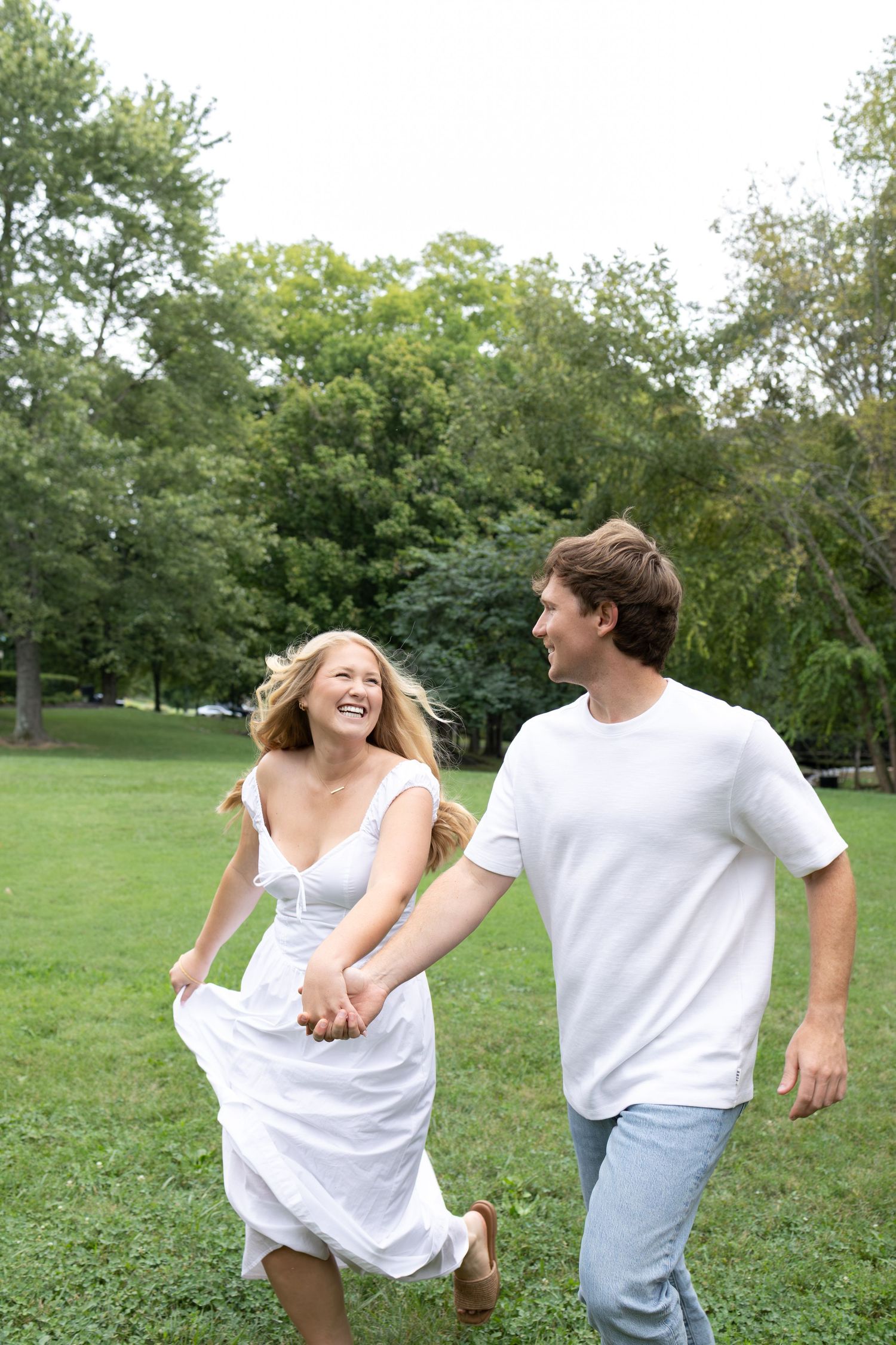 Couple running outside