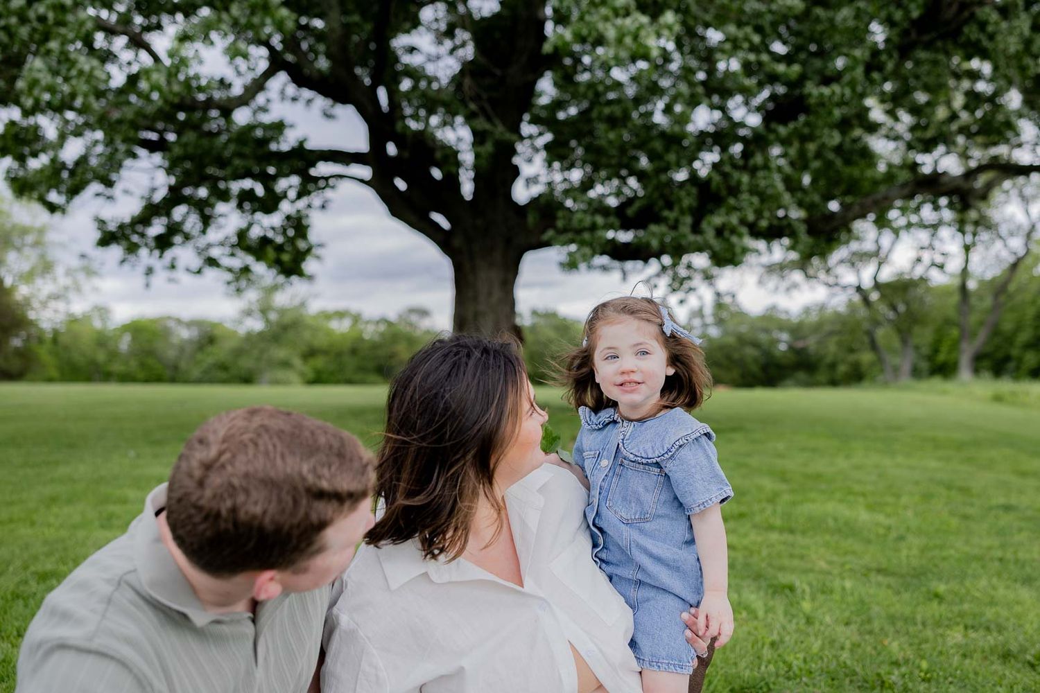 Family enjoying a sunny spring day together on a grassy lawn beneath a large shade tree.