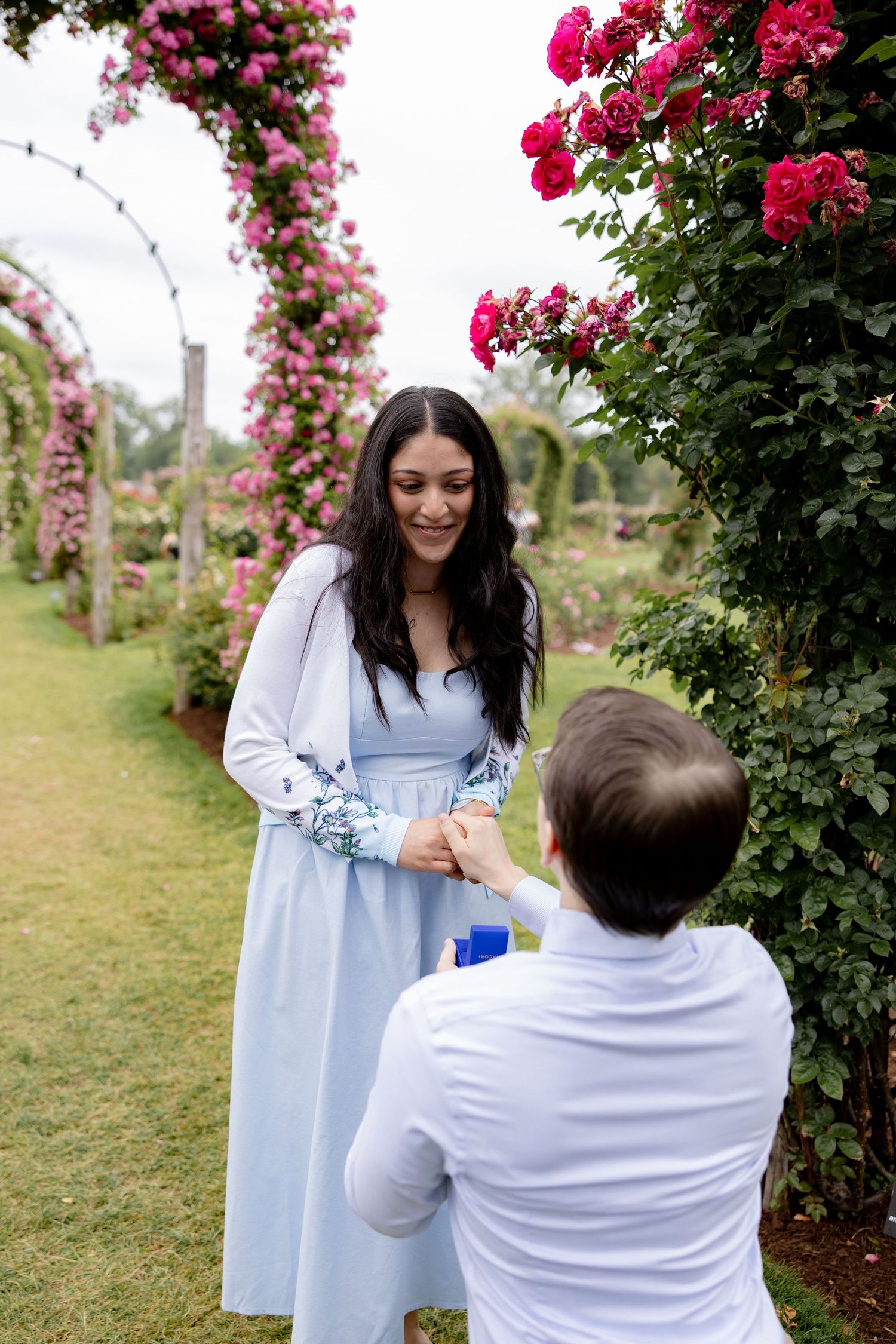A couple poses together in a garden with blooming pink flowers and greenery during a romantic photoshoot.