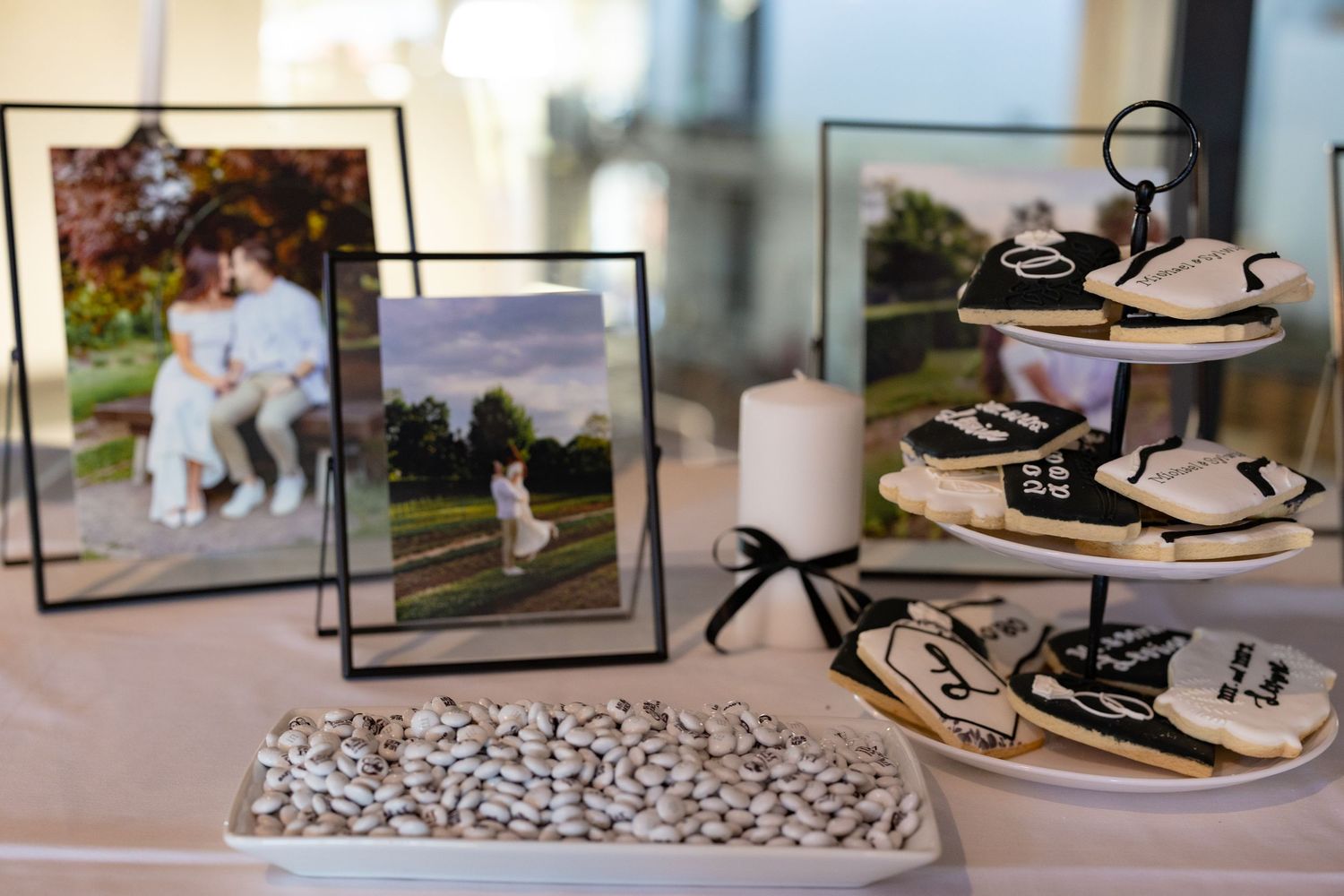Wedding detail shots featuring shoes, photo frames, and table decor arrangements.