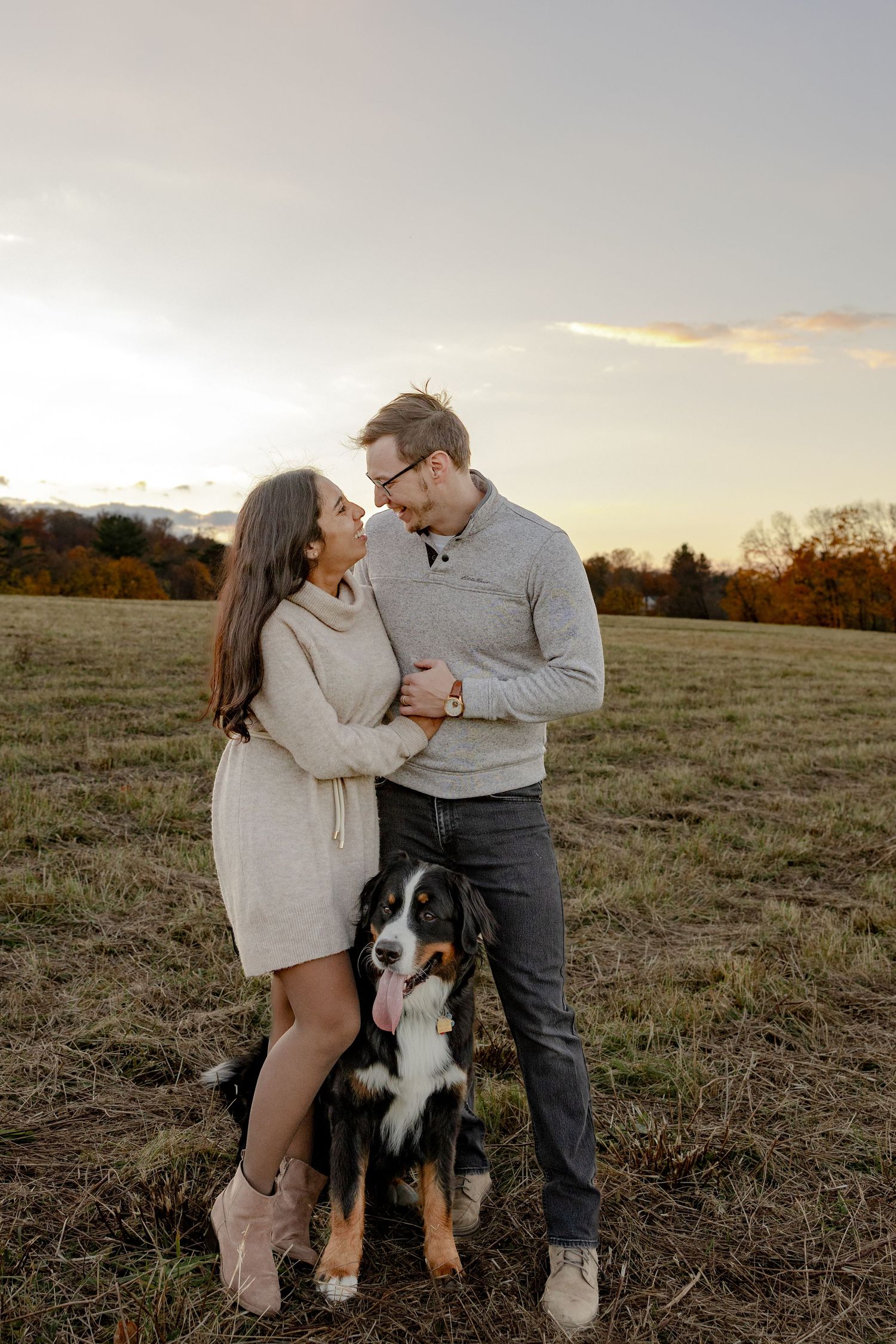 A couple shares a tender moment in a fall field at sunset with their Bernese Mountain Dog.