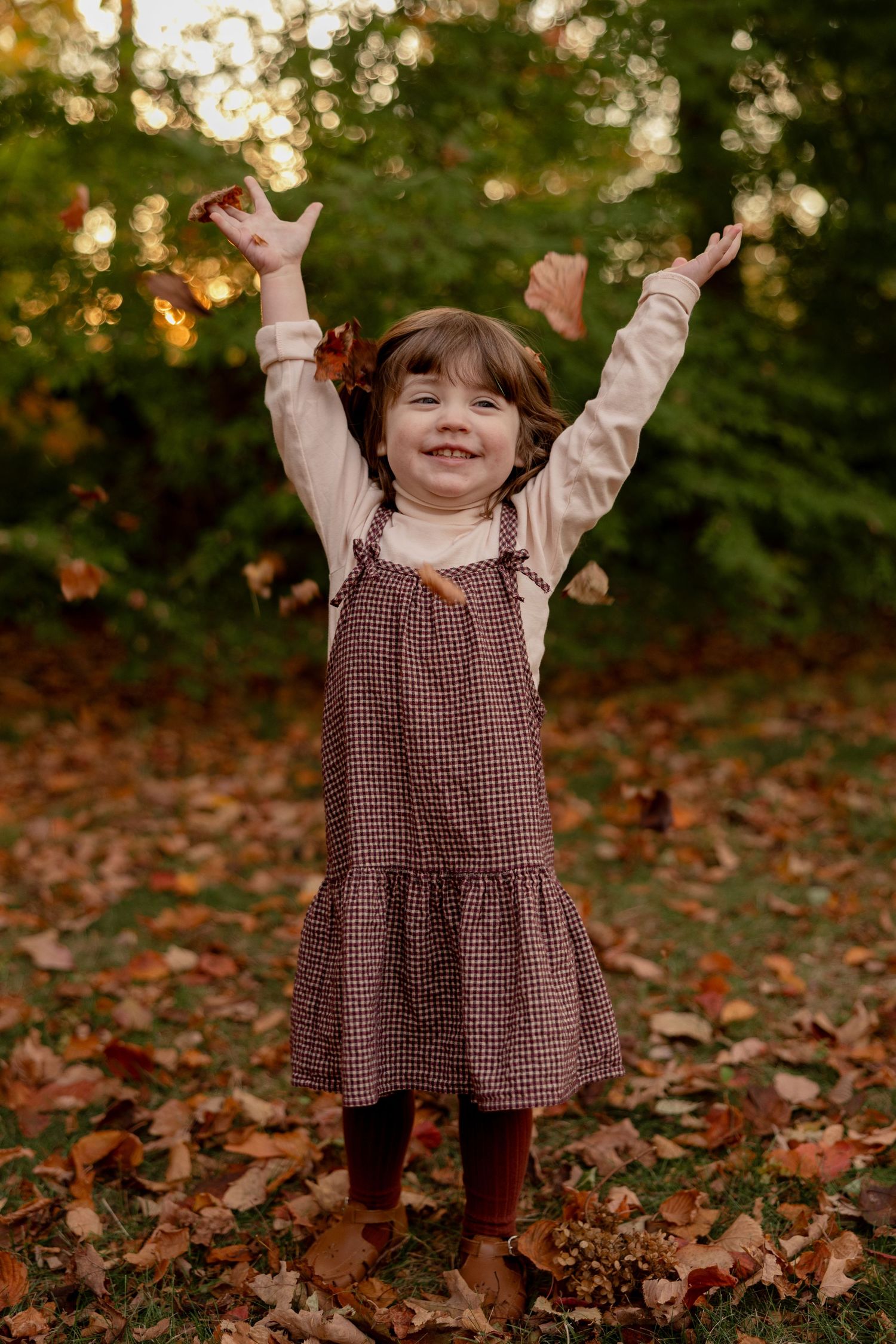 A small child plays joyfully in fallen autumn leaves while wearing a brown gingham dress and burgundy tights.