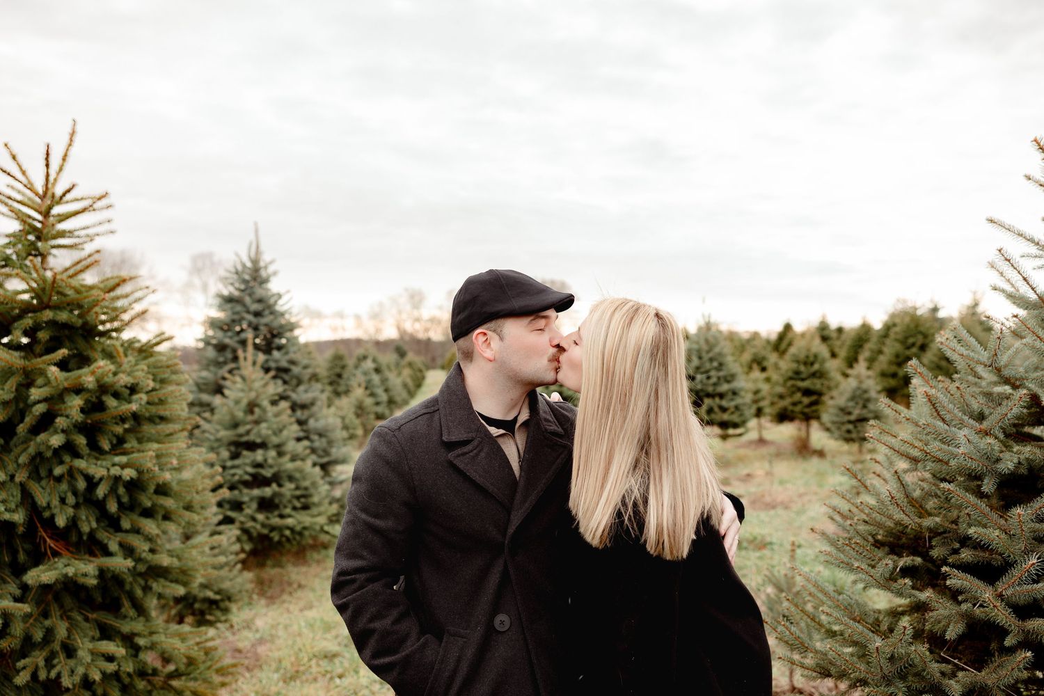 A couple shares a romantic moment among evergreen trees at a Christmas tree farm during golden hour.