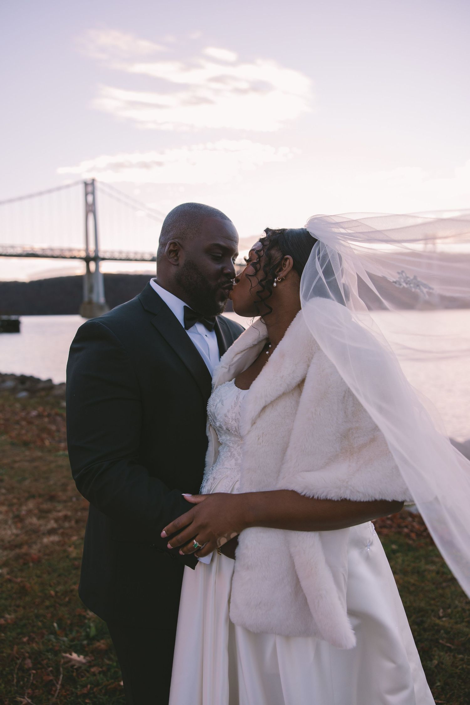 First look infront of Hudson Bridge of Bride and Groom in Hudson Valley wedding