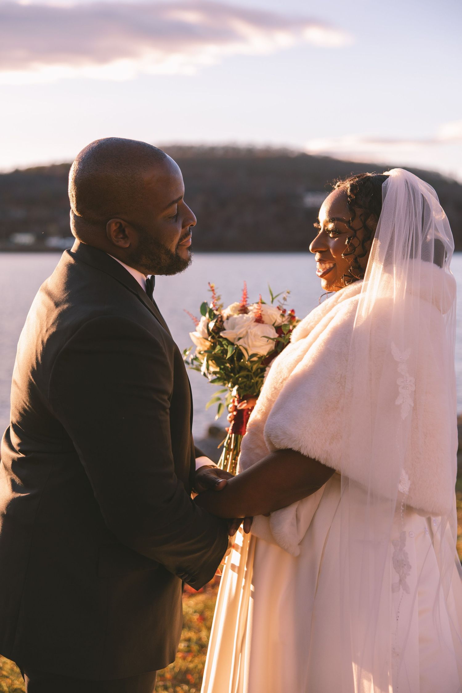 Groom and bride during first look