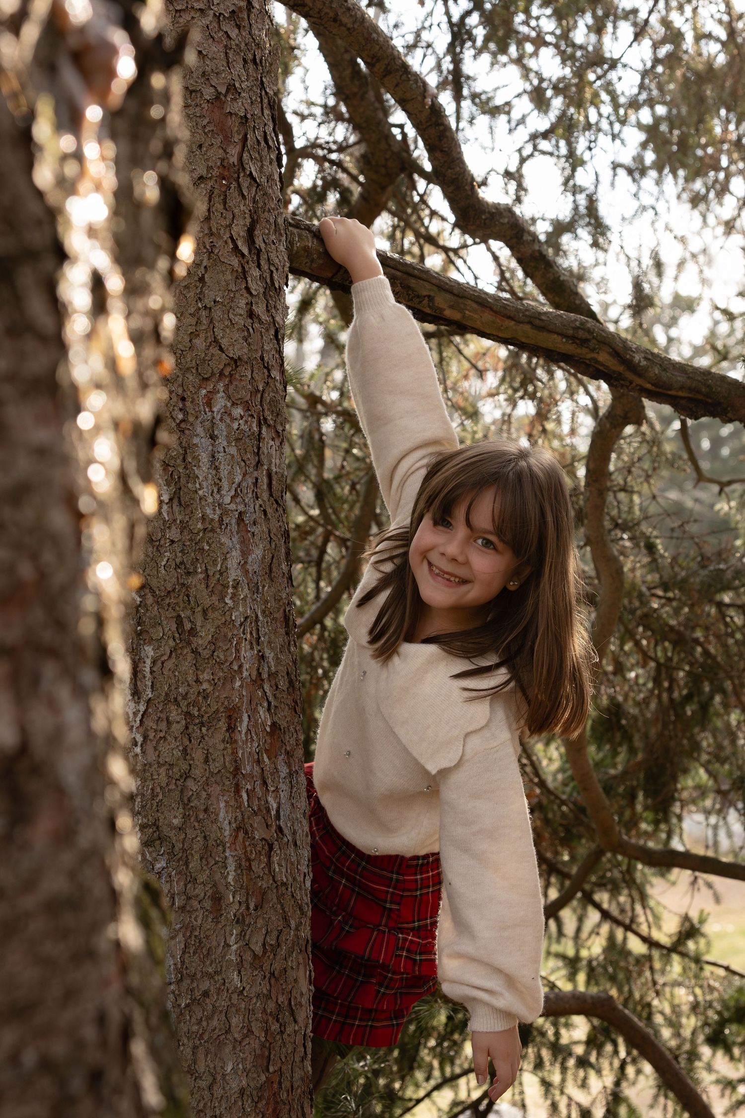 A person wearing a cream sweater and plaid skirt climbs a tree trunk in a wooded outdoor setting.