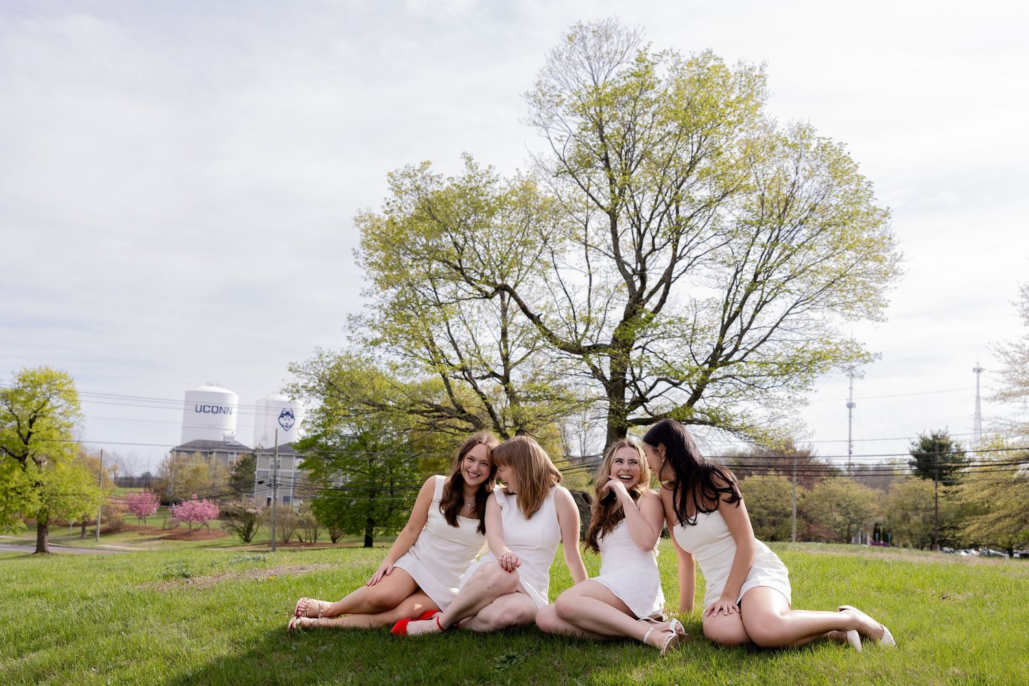 Young people relaxing on grassy hill during springtime with budding trees and city skyline in background.