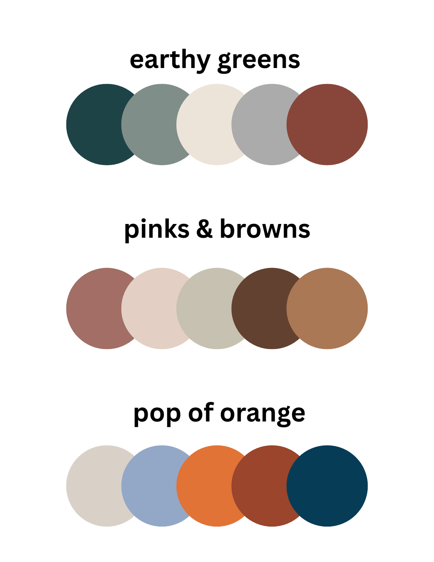 Color palette featuring muted earthy greens, soft pinks, browns, and pops of orange with navy accents.