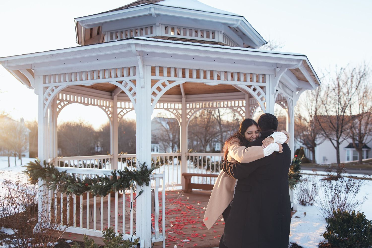 Couples celebrating and embracing after surprise proposal in Southbury, CT
