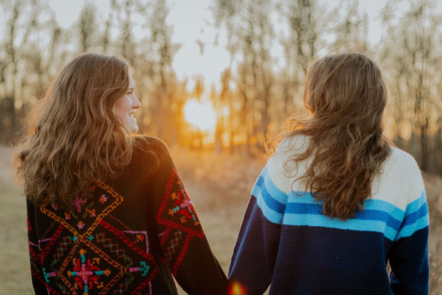 Two sisters holding hands staring at the sunset