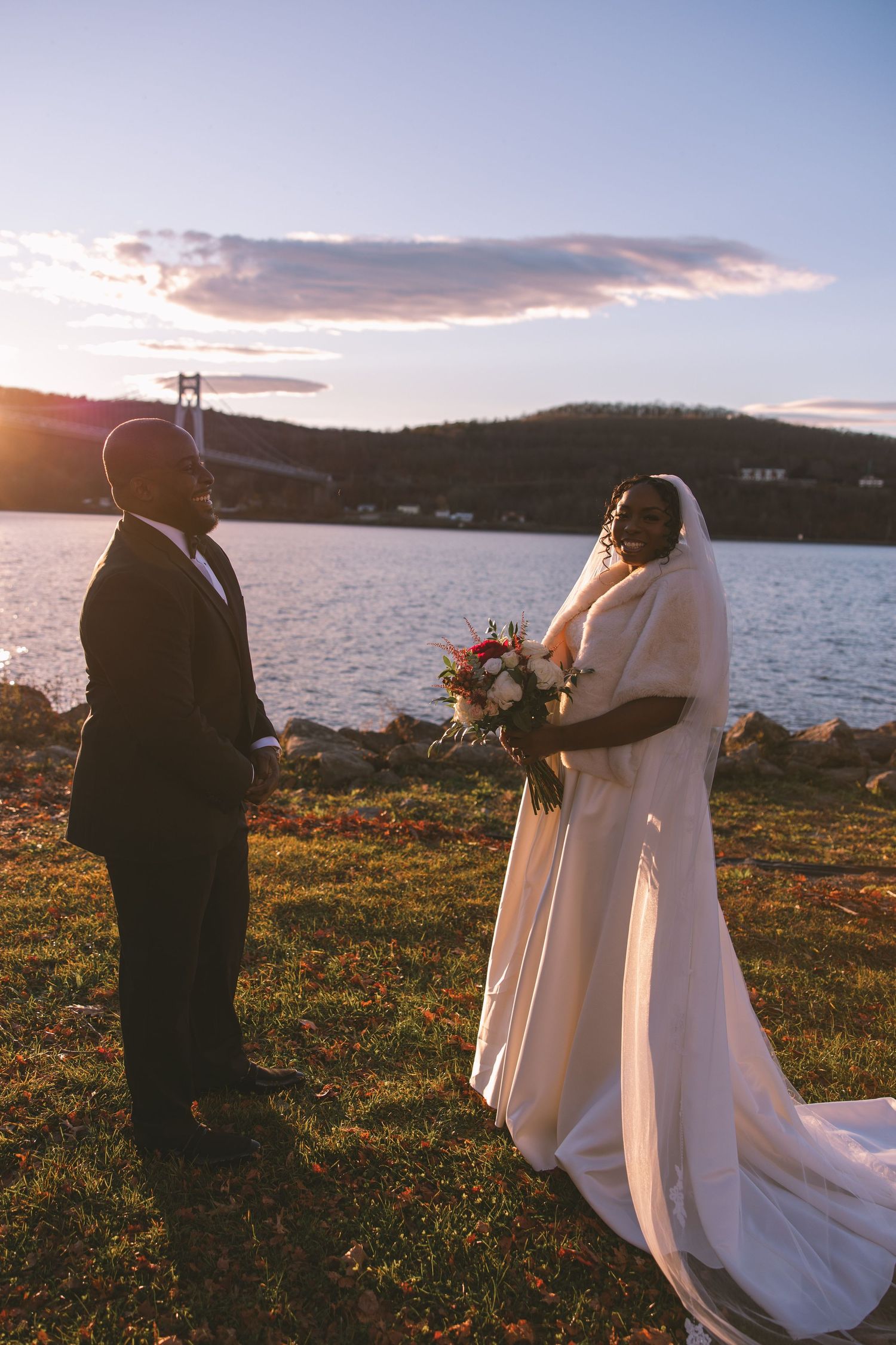 Bride and groom during first look