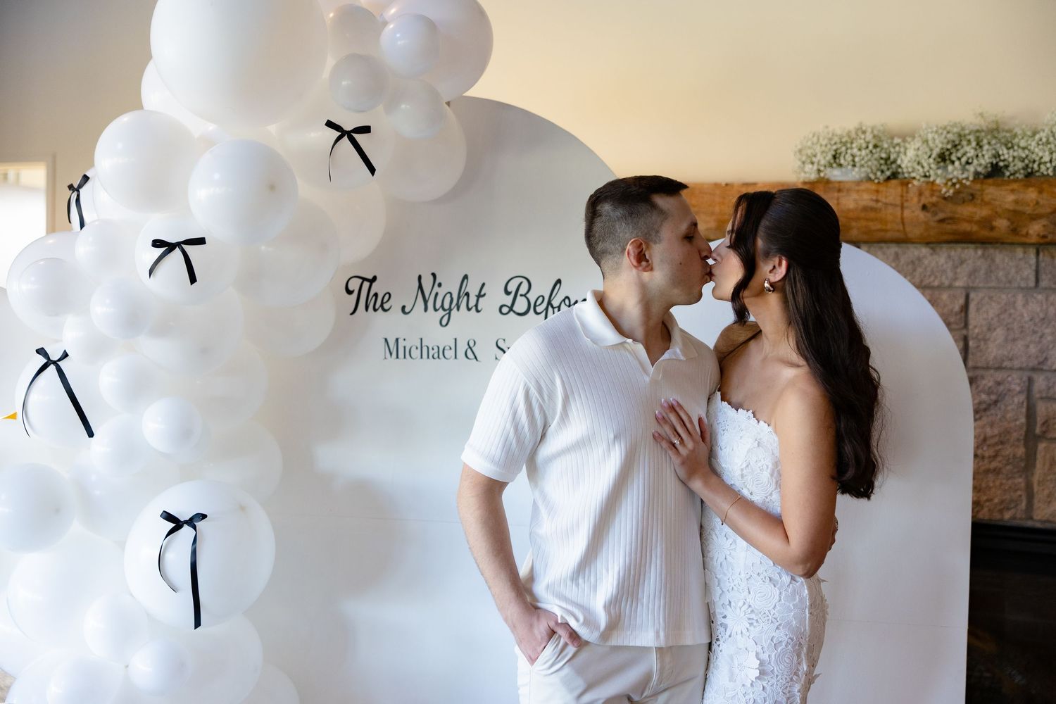 Multiple romantic engagement or wedding photo poses in white outfits against light backgrounds.