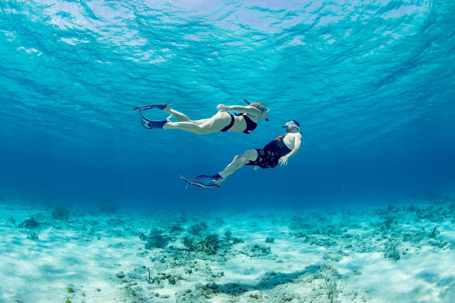 Two snorkelers exploring underwater coral reef in crystal clear tropical waters.