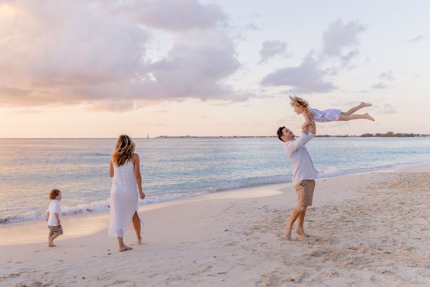 A series of beach photos showing people walking and playing along a sandy shoreline at sunset.