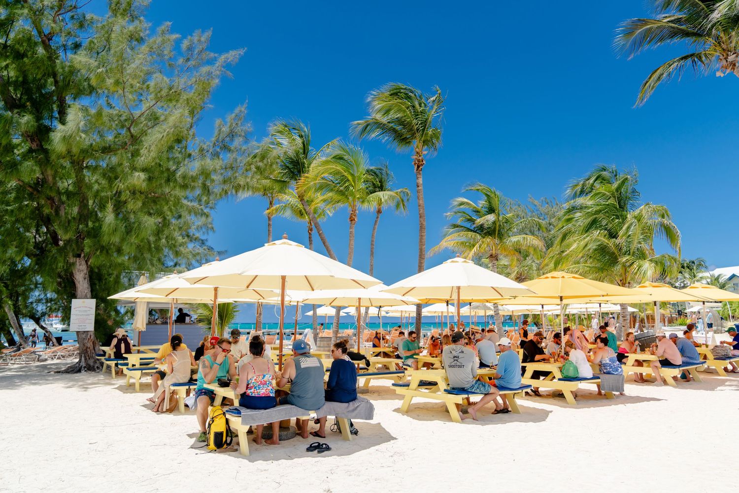 Panoramic view of a tropical beach with yellow umbrellas and palm trees along the shoreline.