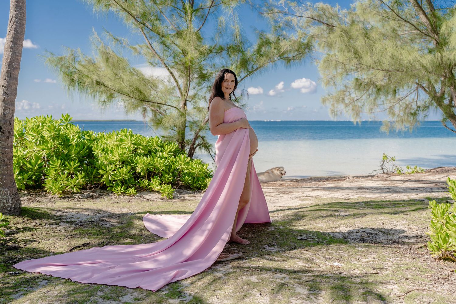 Long pink dress train sweeps across sandy beach with ocean and palm trees in background.