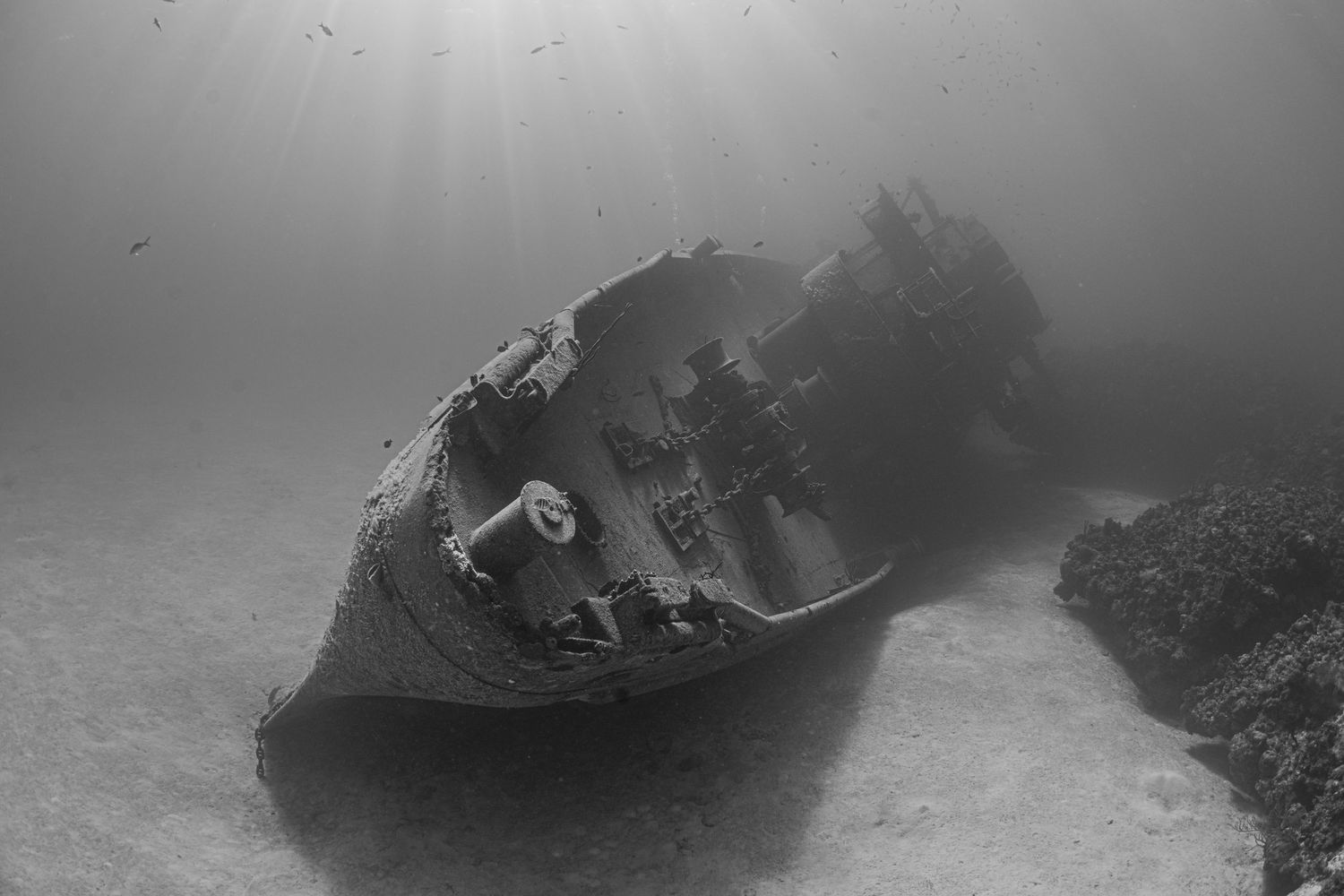 Dramatic black and white underwater seascape showing dark rock formations against a moody ocean background.
