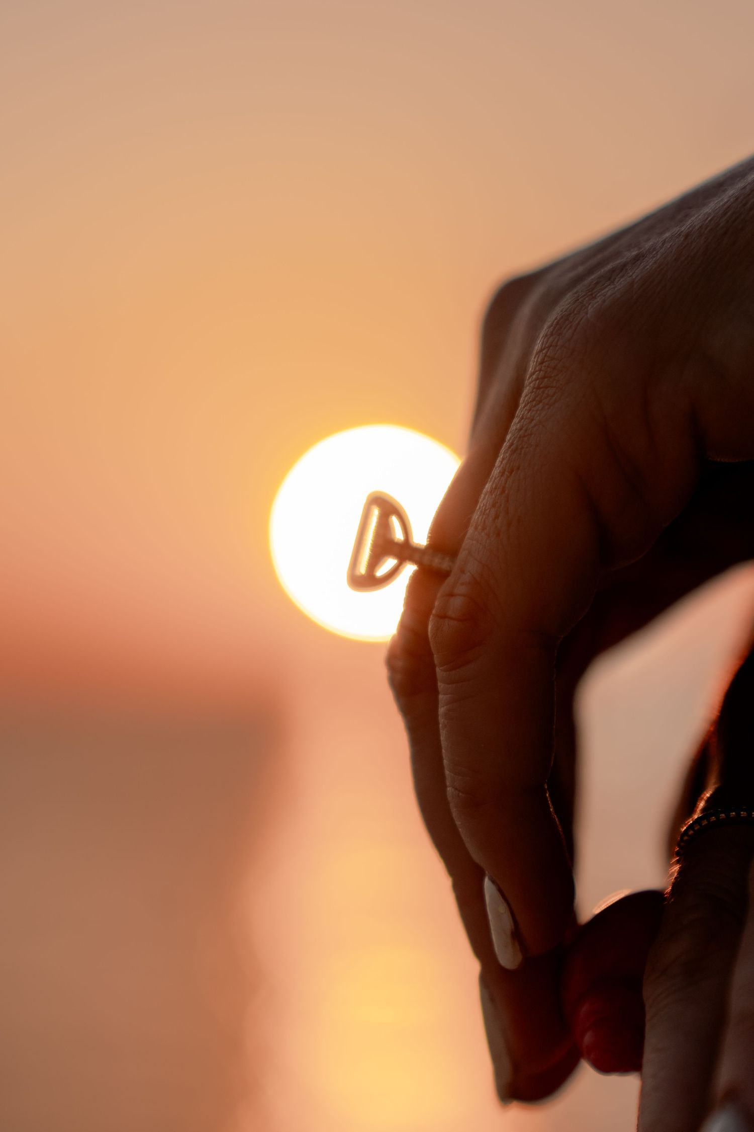 Silhouette of hands against vibrant orange sunset over ocean horizon.