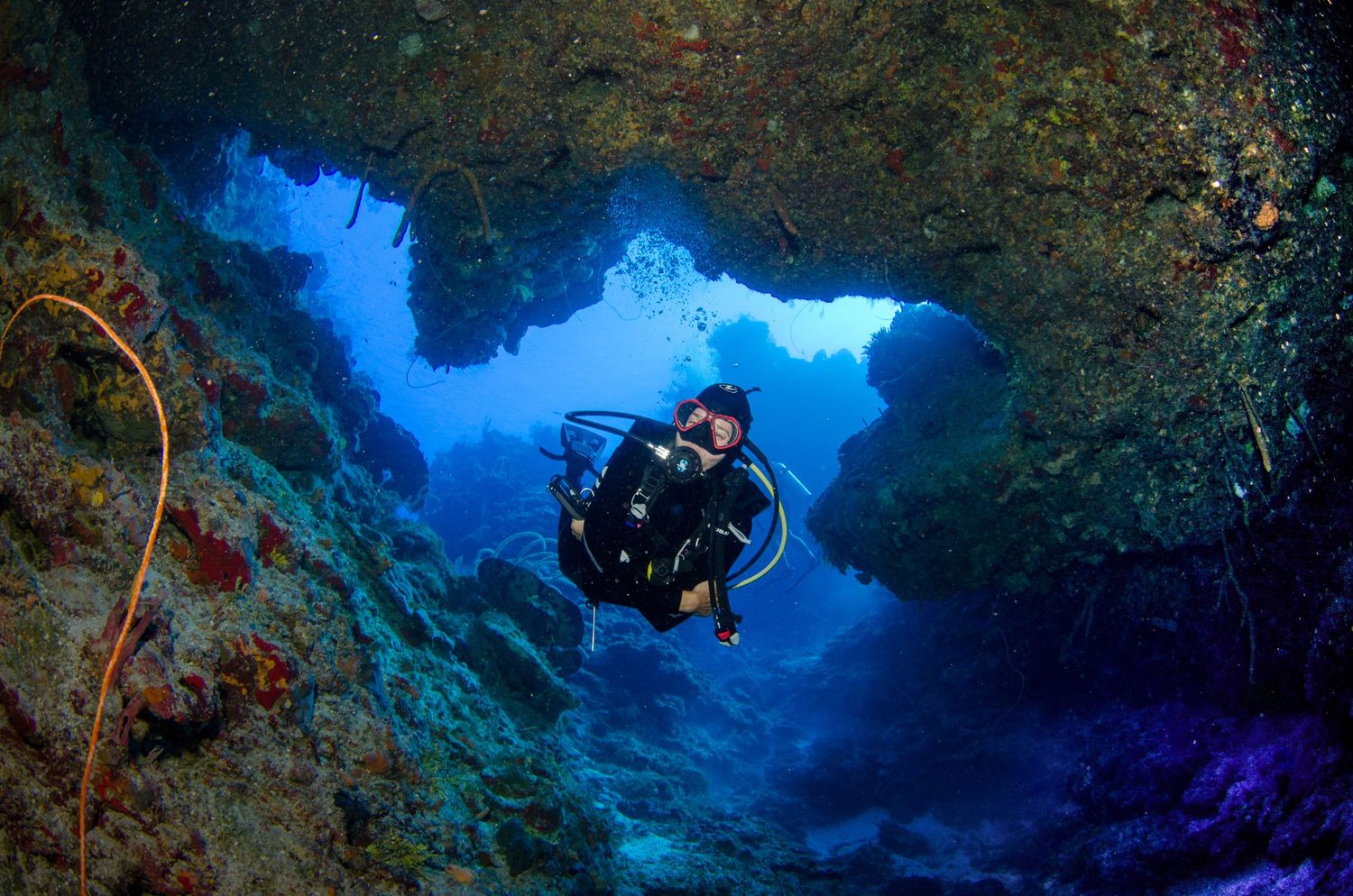 Sunlight streams through an underwater cave opening creating dramatic blue lighting effects.