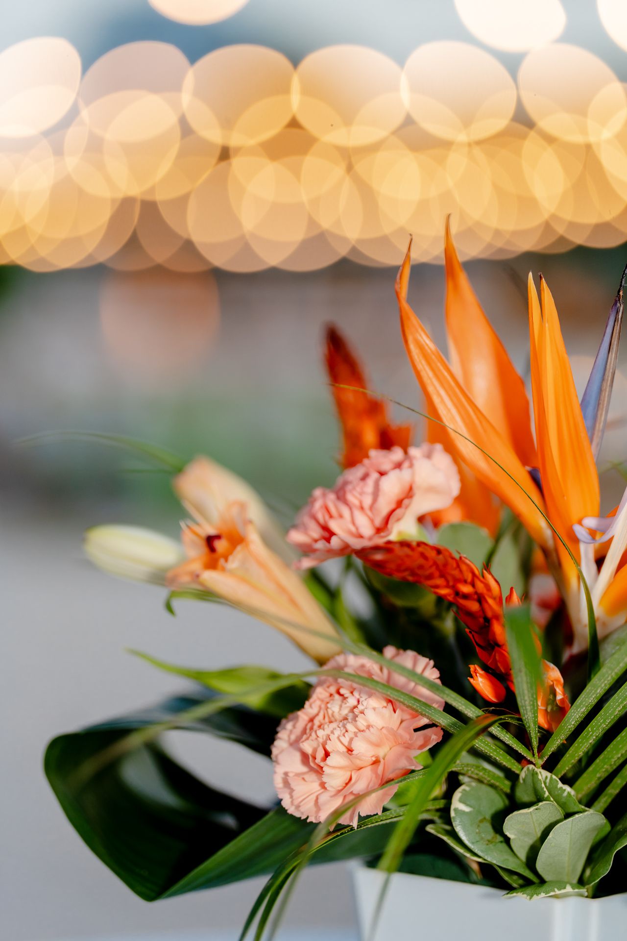 Tropical floral arrangement featuring orange birds of paradise and pink carnations with bokeh lighting.