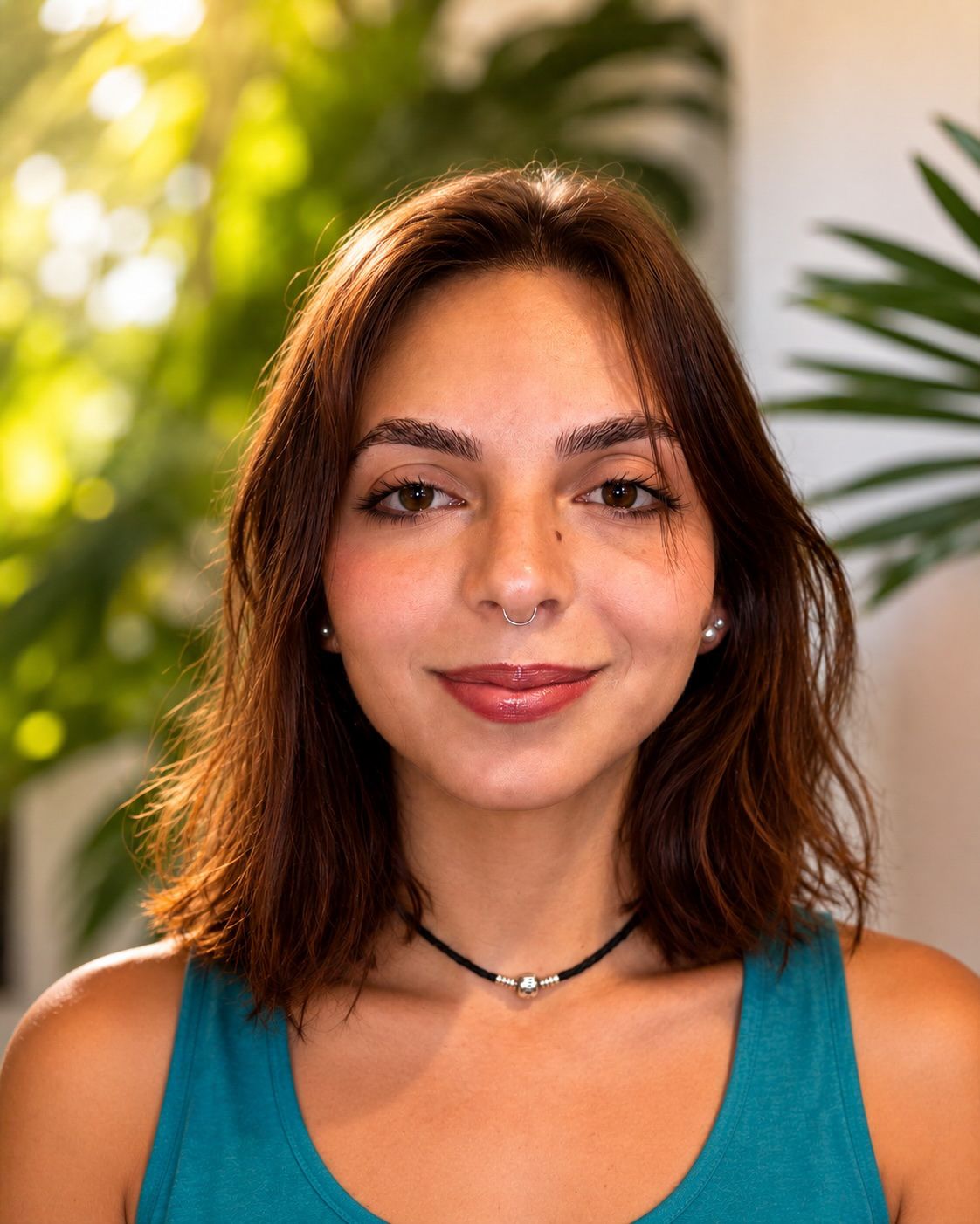 Young woman with shoulder-length brown hair wearing a teal top and choker necklace, smiling against a green tropical background.