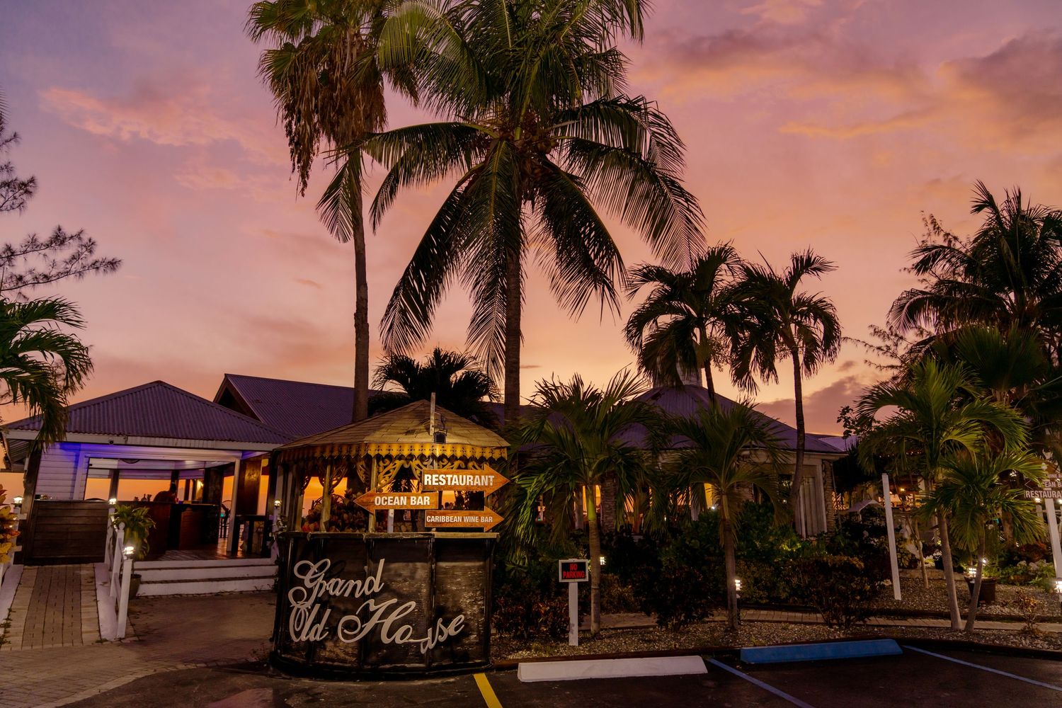 Panoramic sunset view of palm trees and buildings silhouetted against an orange sky.