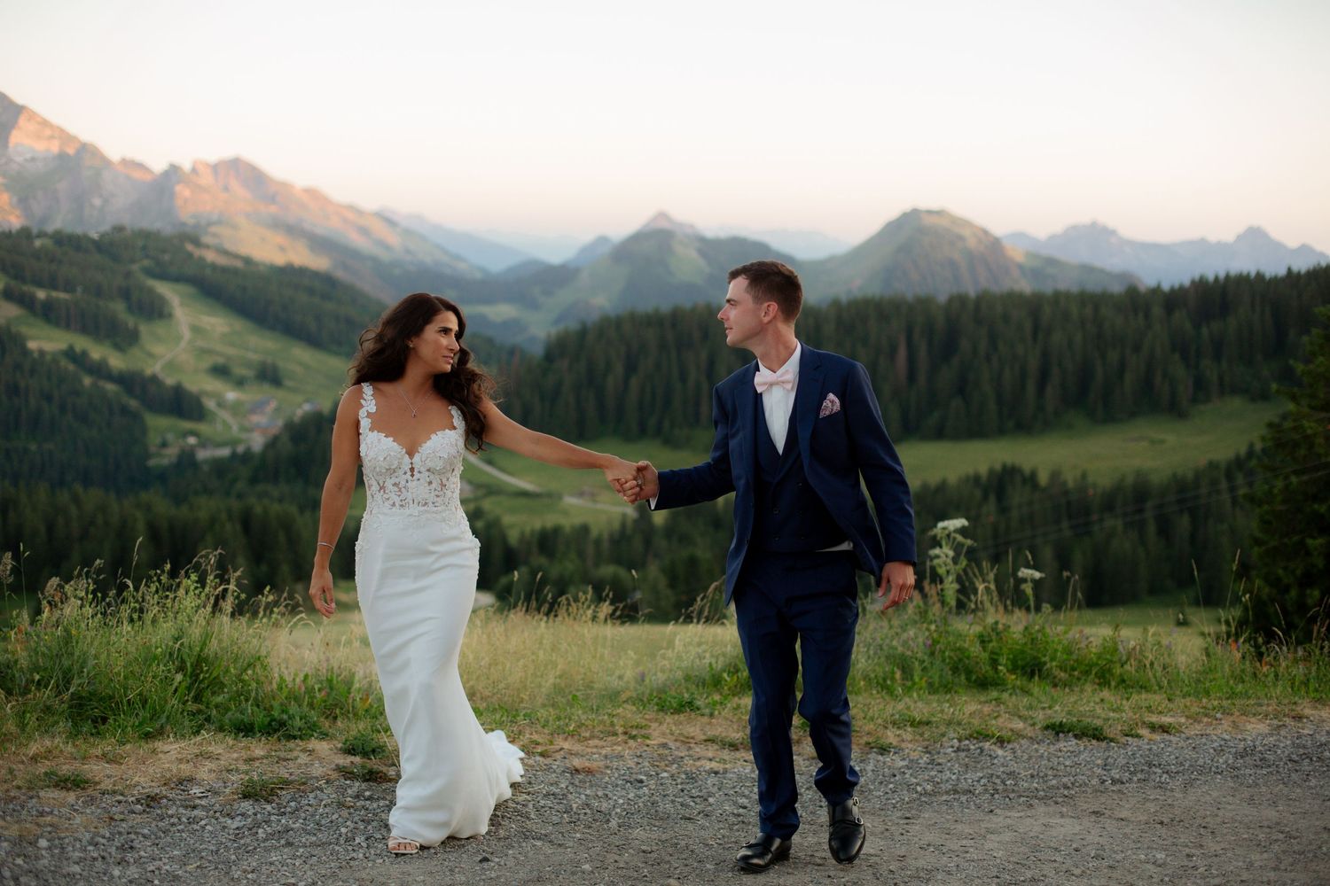 Wedding Photographer captures epic sunset wedding photos in La Clusaz Wedding venue. French Alps, Mountain Wedding photographer, europe.