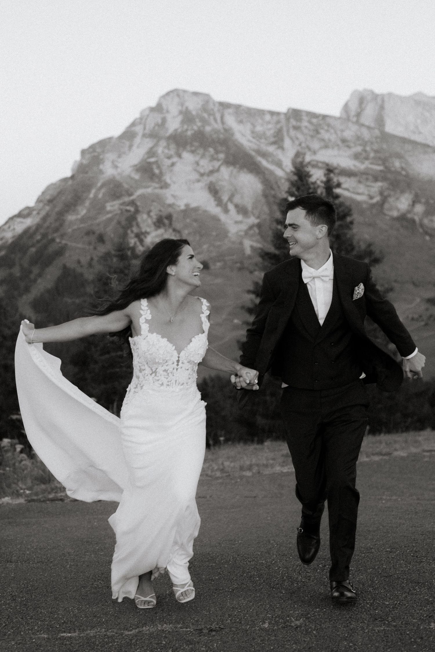 Morzine Wedding Photographer captures bride and groom photos in La Clusaz Wedding venue. French Mountain Wedding photographer. Outdoor Bride