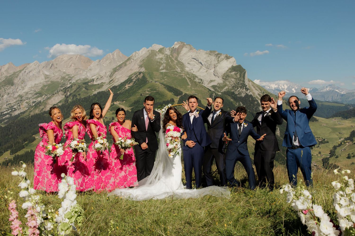 Morzine Wedding Photographer captures bride and groom photos in La Clusaz Wedding venue. French Mountain Wedding photographer. Outdoor Bride