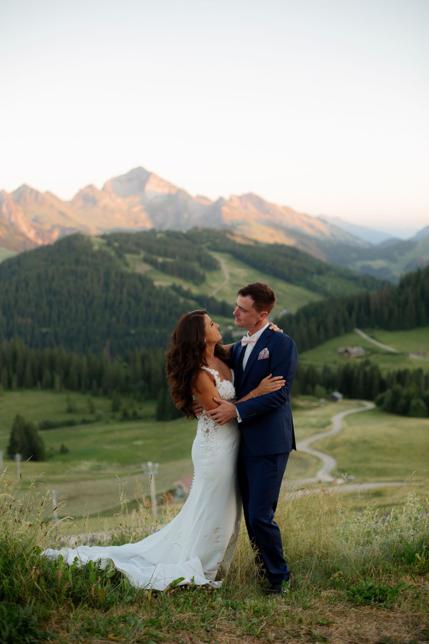 Wedding Photographer captures epic sunset wedding photos in La Clusaz Wedding venue. French Alps, Mountain Wedding photographer, europe.