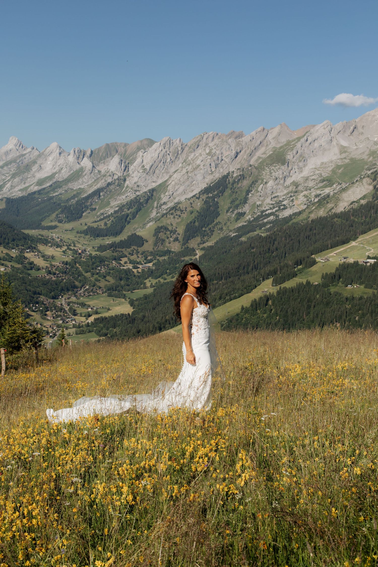 Morzine Wedding Photographer captures bride and groom photos in La Clusaz Wedding venue. French Mountain Wedding photographer. Outdoor Bride