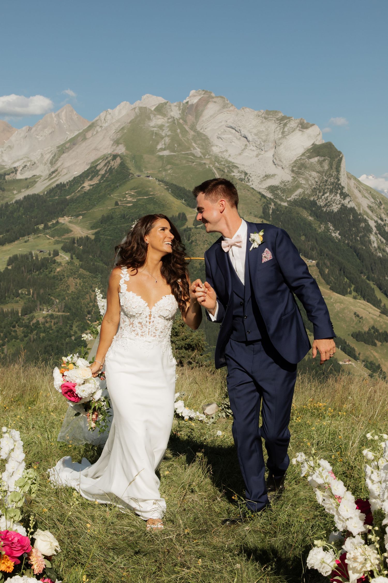 Morzine Wedding Photographer captures bride and groom photos in La Clusaz Wedding venue. French Mountain Wedding photographer. Outdoor Bride