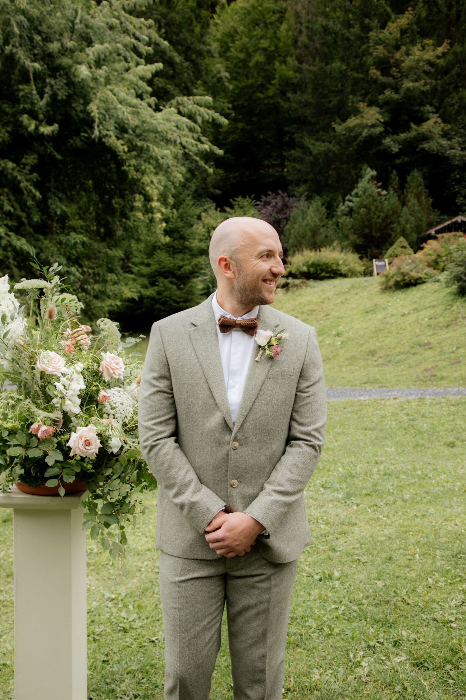 Candid and natural wedding photo at an outdoor wedding in the French Alps. Captured Wedding photographer in Morzine. Outdoor wedding venue