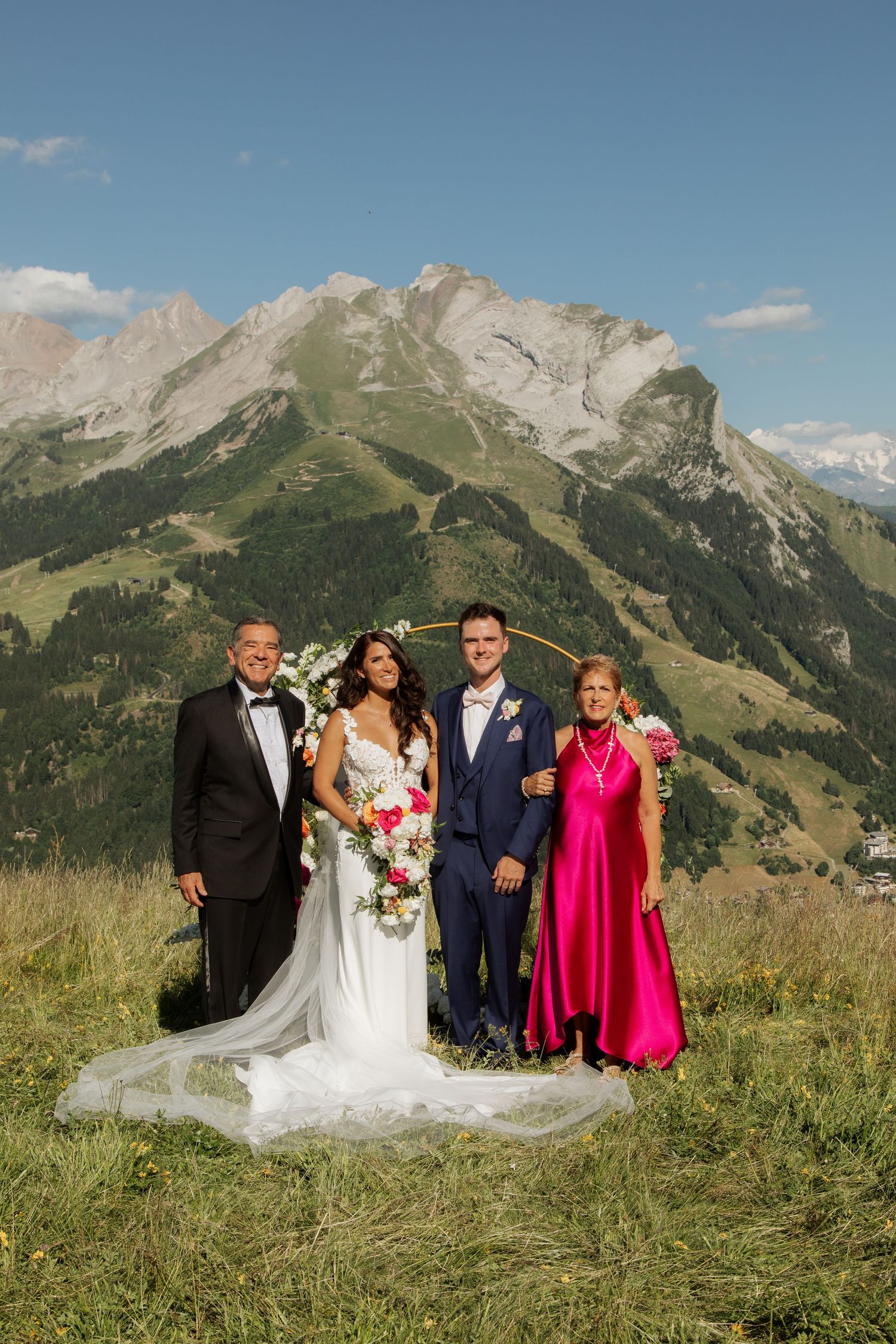 Morzine Wedding Photographer captures bride and groom photos in La Clusaz Wedding venue. French Mountain Wedding photographer. Outdoor Bride