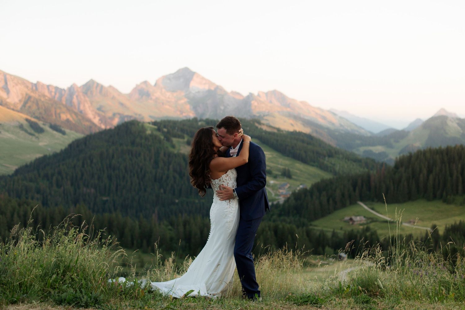 Morzine Wedding Photographer captures bride and groom photos in La Clusaz Wedding venue. French Mountain Wedding photographer. Outdoor Bride
