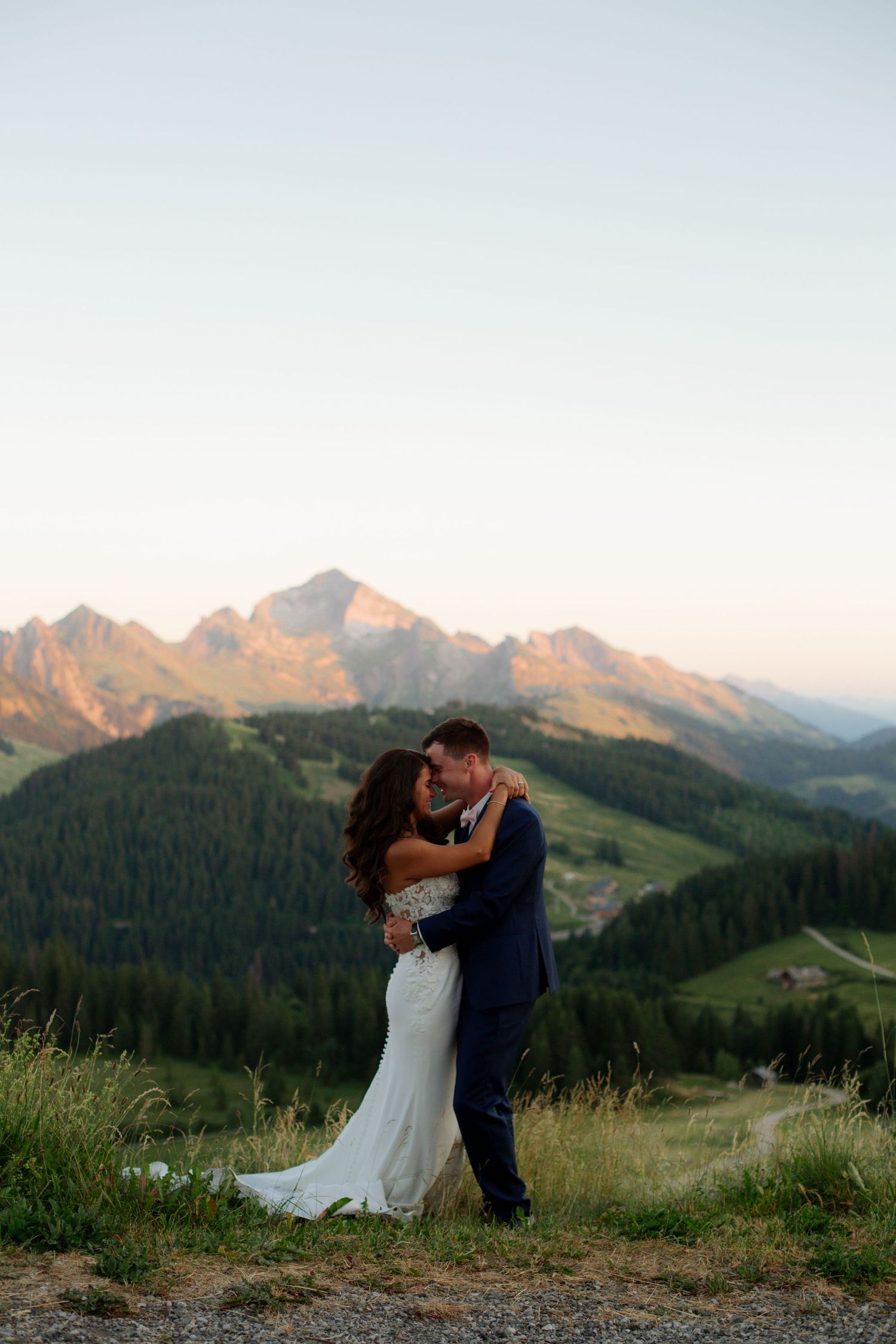 Wedding Photographer captures epic sunset wedding photos in La Clusaz Wedding venue. French Alps, Mountain Wedding photographer, europe.