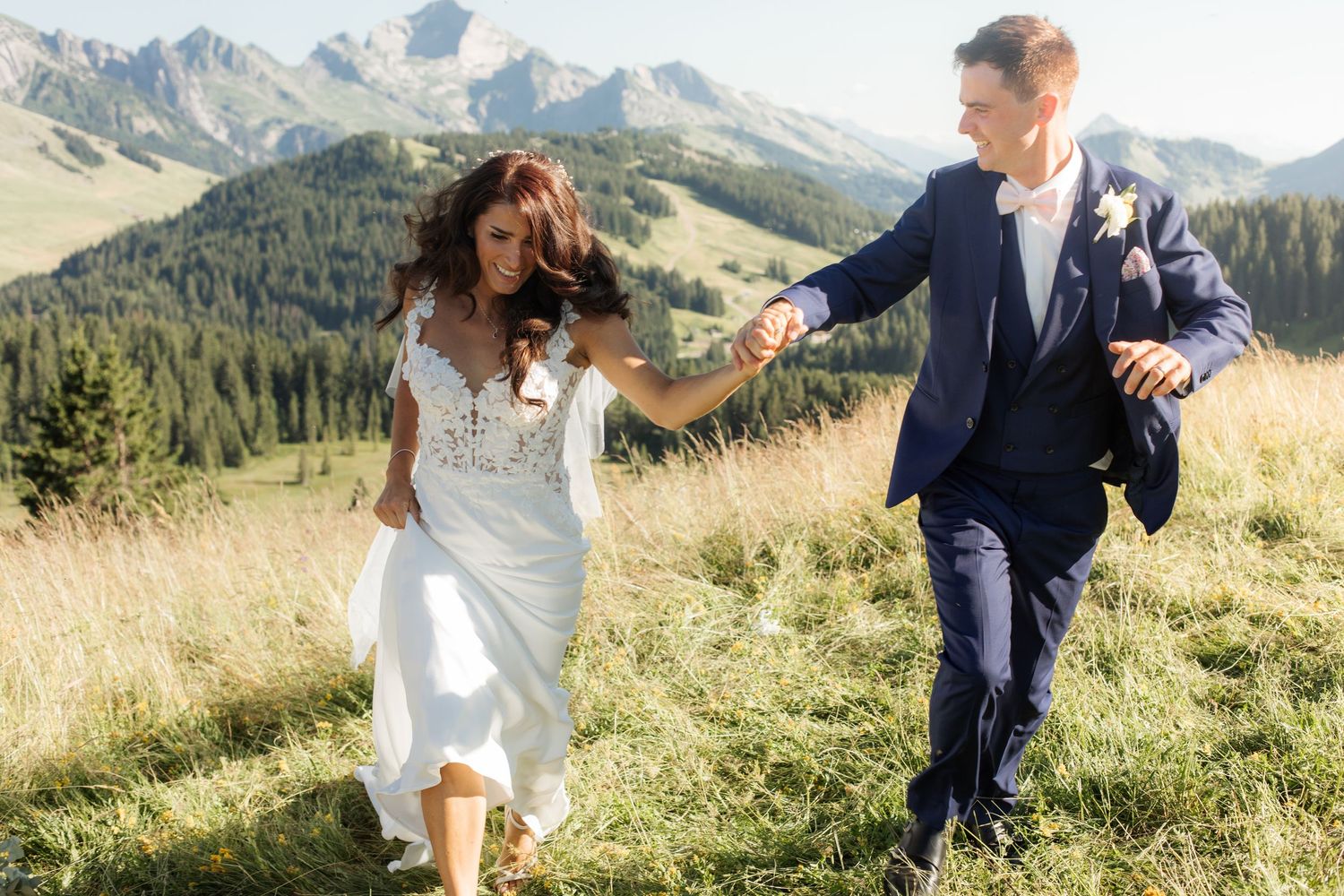 Morzine Wedding Photographer captures bride and groom photos in La Clusaz Wedding venue. French Mountain Wedding photographer. Outdoor Bride