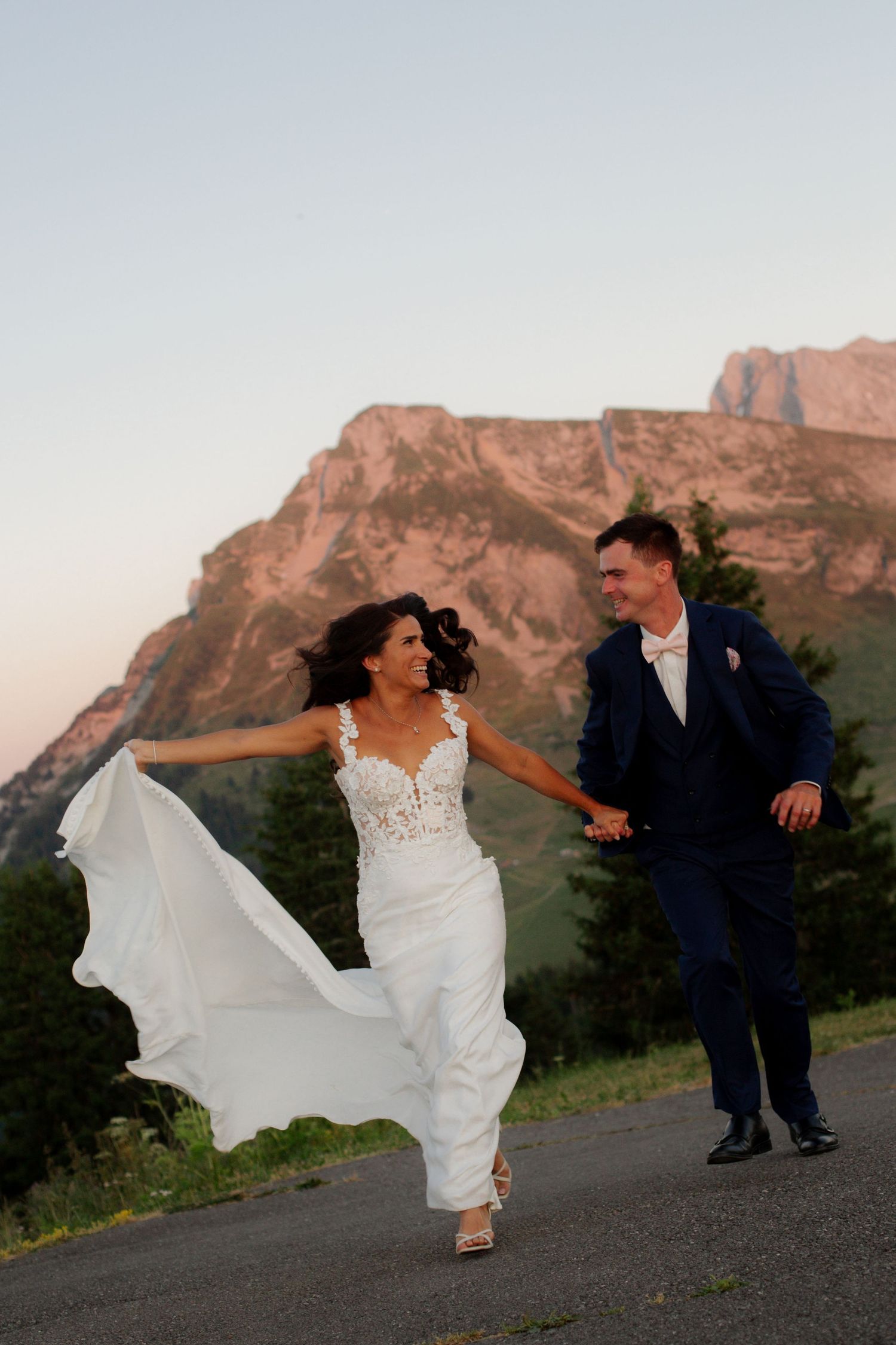 Wedding Photographer captures epic sunset wedding photos in La Clusaz Wedding venue. French Alps, Mountain Wedding photographer, europe.
