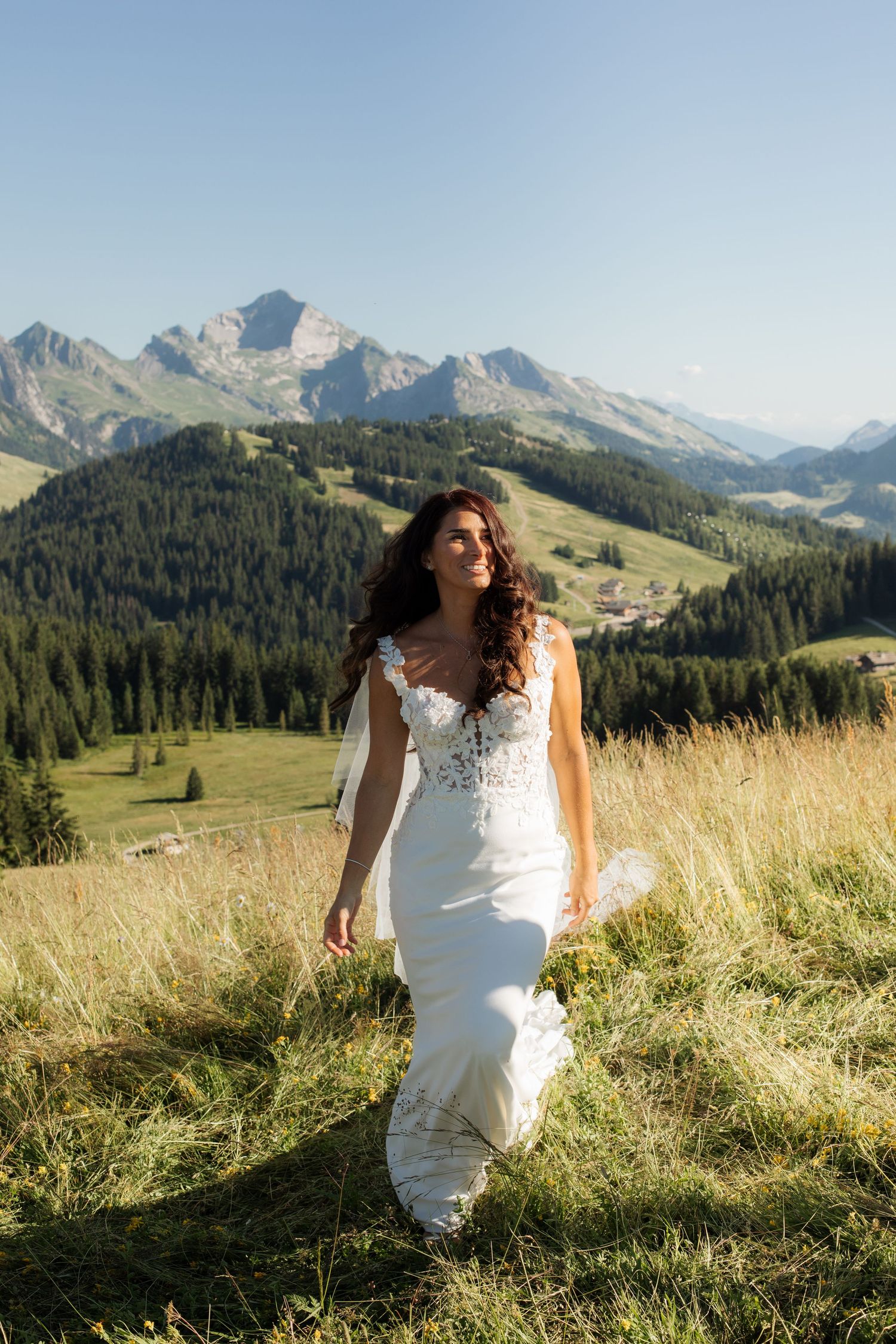 Morzine Wedding Photographer captures bride and groom photos in La Clusaz Wedding venue. French Mountain Wedding photographer. Outdoor Bride