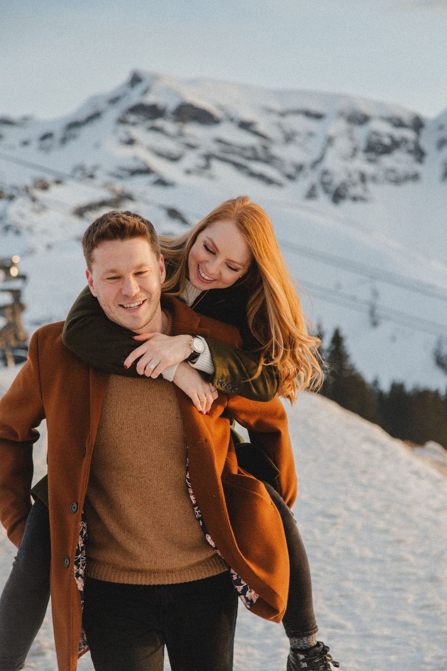 Candid and natural Engagement photography in the French Alps taken by wedding photographer based in Morzine