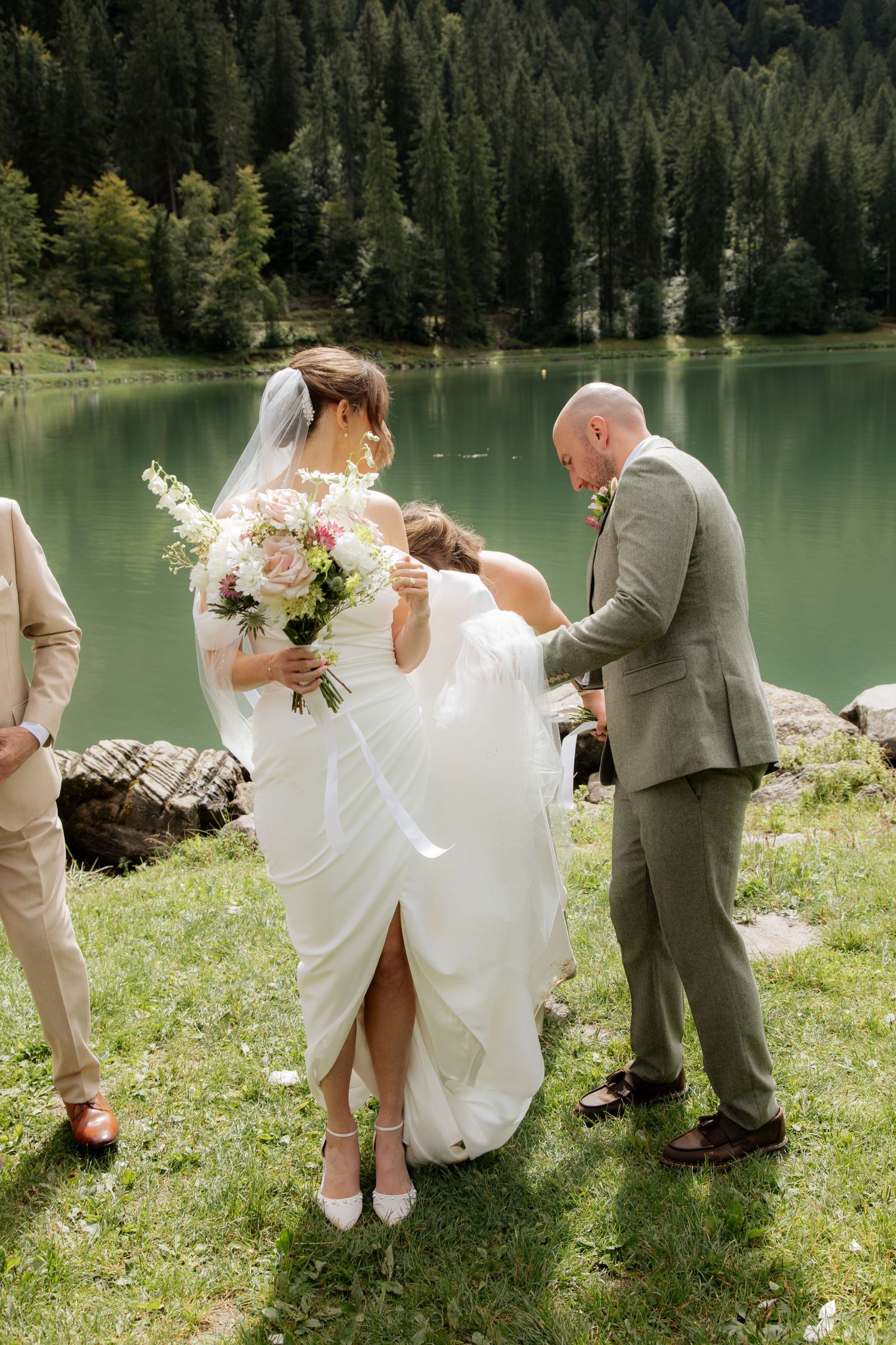 Candid and natural wedding photo at an outdoor wedding in the French Alps. Captured Wedding photographer in Morzine. Timeless wedding photos
