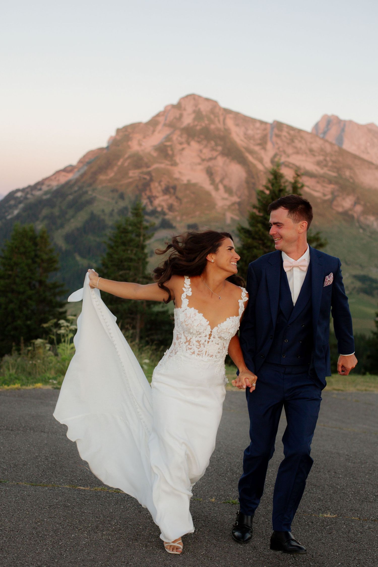 Wedding Photographer captures epic sunset wedding photos in La Clusaz Wedding venue. French Alps, Mountain Wedding photographer, europe.