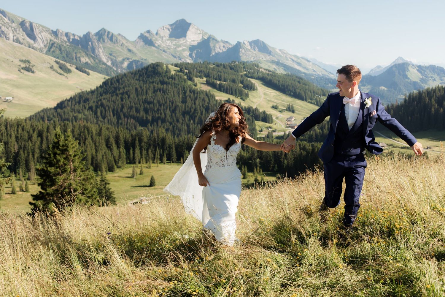 Morzine Wedding Photographer captures bride and groom photos in La Clusaz Wedding venue. French Mountain Wedding photographer. Outdoor Bride