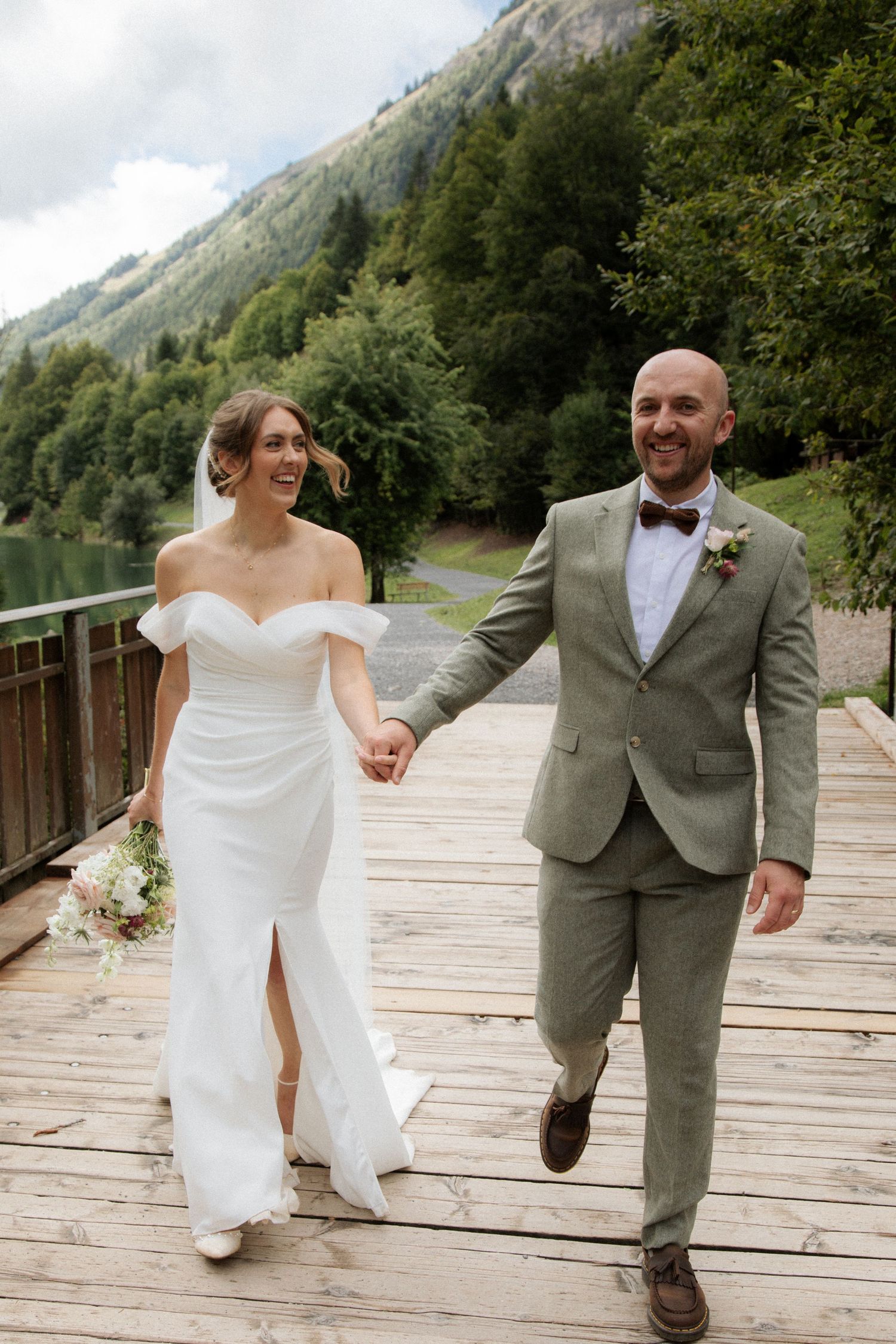 Candid and natural wedding photo at an outdoor wedding in the French Alps. Captured Wedding photographer in Morzine. Outdoor wedding venue